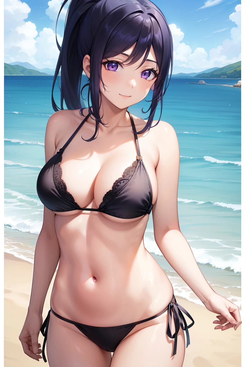 Minamimatsuura, Kanan Matsuura, Blue hair, Long hair, Ponytail, (Purple eyes:1.1), side locks, looking at the viewers, BREAK (masutepiece:1.2), Best Quality, High resolution, Unity 8k壁纸, (Illustration:0.8), (Beautiful detailed eyes:1.6), extra detailed face, Perfect Lighting, extremely details CG, (Perfect hands, Perfect Anatomy),(Black Bikini:1.3)、(the beach:1.3), cowboy  shot、A smile