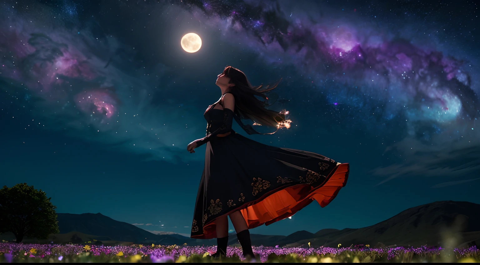Vast landscape photos、(The sky is up as seen from below、The field is down)、Long black hair girl standing in flower field and looking up、Black clothe、Rear Angle、(fullmoon:1.2)、(meteors:0.9)、(nebulas:1.3)、mountain in the distance々、The tree々 BREAK Craft Art、(Warm light:1.2)、(fireflys:1.2)、A light、Lots of Purples and Oranges、intricate detailes、voluminous lighting、Realism Break(​master piece: 1.2), (Top image quality), 4K, The ultra-detailliert, (dynamic compositions: 1.4), ighly detailed, Colorful Detail, (Rainbow Color: 1.2), (Glow lighting, Atmosphere Lighting), dream-like, Magical, (独奏: 1.2)