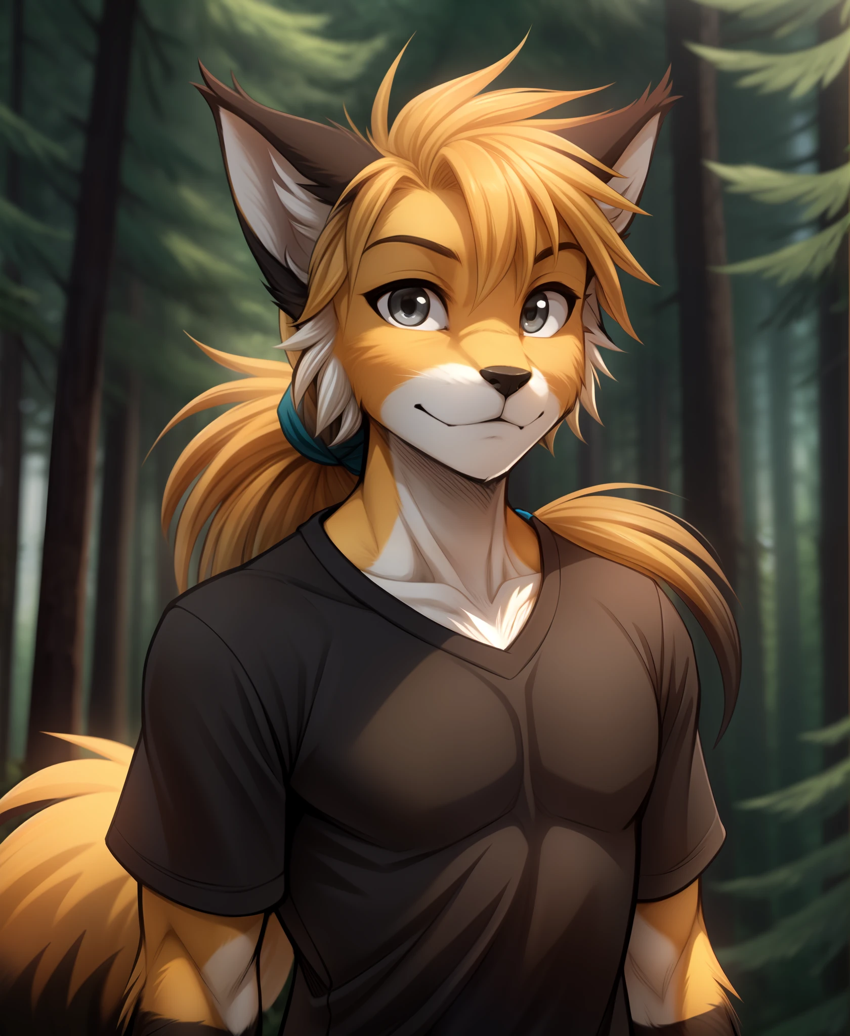 mike-twokinds, mike, twokinds, by tom_fischbach,, (best quality, masterpiece:1), solo, furry male anthro, grey eyes,long hair, ponytail, black tip yellow hair, portrait, fingers, finger claws, looking at viewer, Fox tail, (outdoors dark forest trees blurry blurred background:1.1), shirt