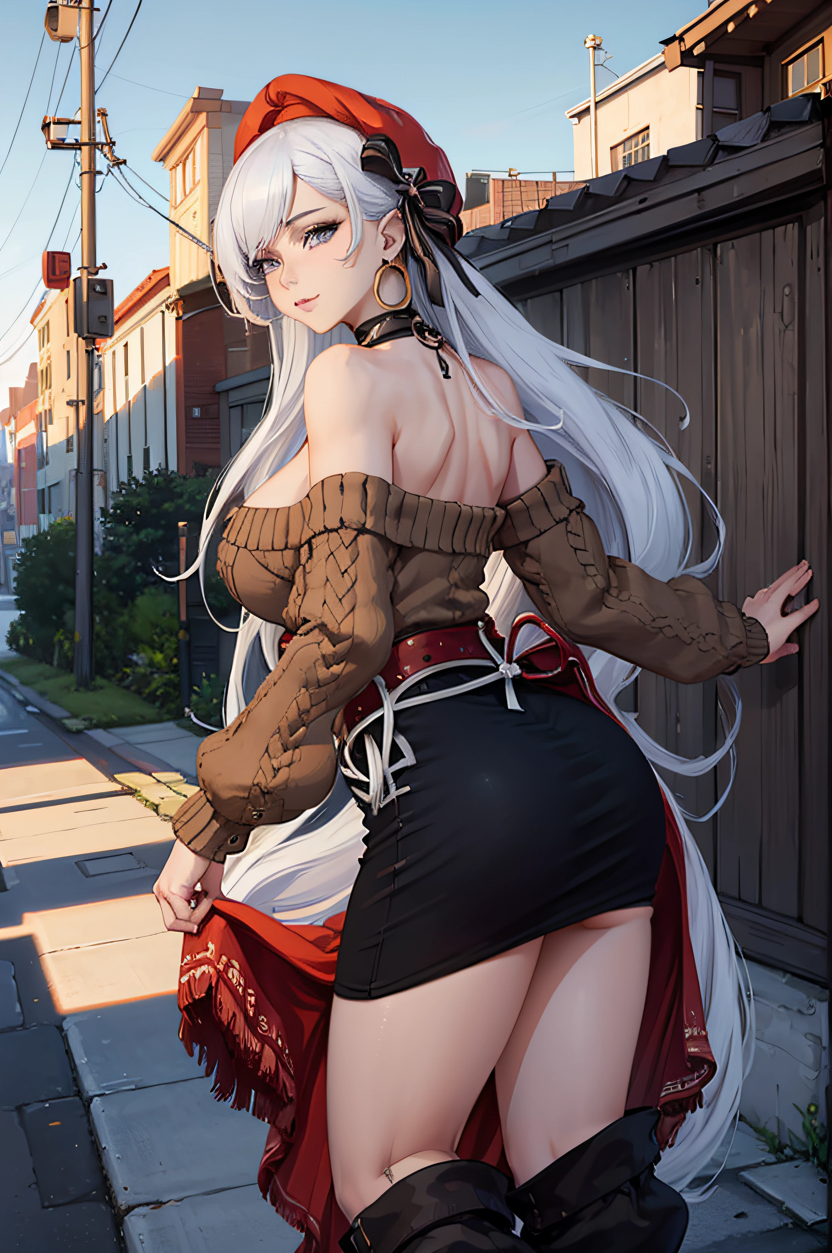 belfastpk; anime girl walking in the middle of a street; smile; smiling; cheerful facial expression; older females; mature women; long platinium hair; hair accessory; earings; thin necklace; big ass; round ass; bubble butt; perfect butt; large breasts; perfect breasts; cleavage; shaped thighs; crossed legs; morning light; sunlight; ethereal; looking at viewer; seductive anime girls; seductive look; sexy pose; full body; (full body shot:1.1); beautiful detailed eyes; beautiful detailed girl; curvy:1.1; dynamic pose; perfect eyes; perfect face; perfect retina; perfect hands; perfect fingers; perfect feet; perfect toes; ultra detail face; ultra detail hair; very detailed eyes and face; ambient occlusion; cinematic lighting; field of view; fluid motion; harmony; interconnected elements; movie lighting; photorealistic lighting; realistic shadows; (vibrant colors:1.05); vivid lighting; warm and cool color palette; amazing; solo; trending on artstation pixiv; 8k wallpaper; best quality; CG; detailed painting; fine detail; (High Quality:1.4); high resolution; huge file size; illustration; Intricate Details; masterpiece; (photorealistic:1.4); professional artwork; (raw photo:1.2); reflective art; sharp focus; super detailed; unified; very detailed; extremely detailed artgerm; (nsfw) Not Safe For Work; from Azur Lane; Azur Lane Style;