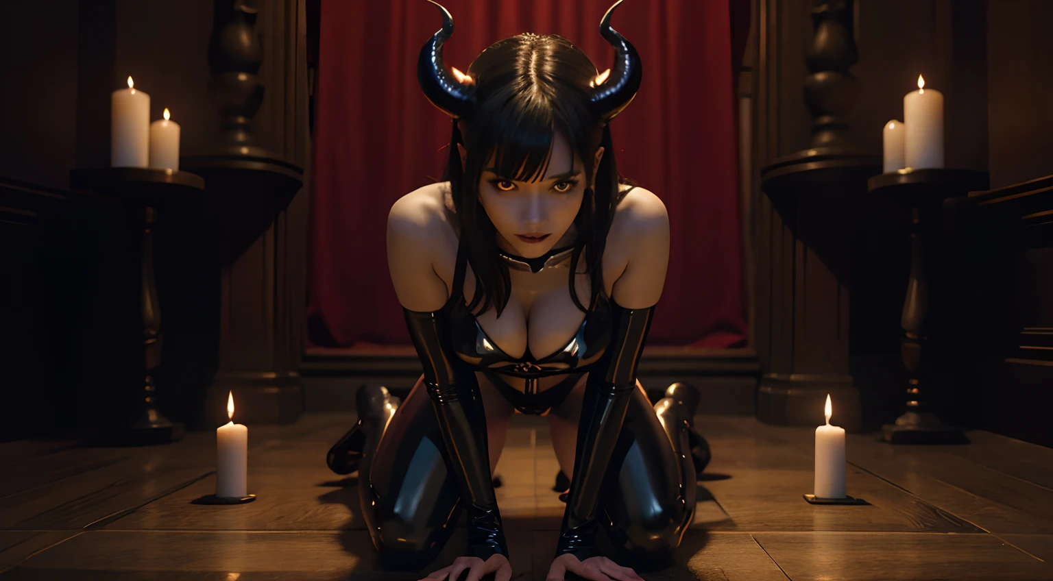 Demon woman dressed in latex leotard kneeled down during a satanic ritual, satanic ritual, ominous background, demon woman with horns, high waisted leotard, latex lingerie, perfect body, full body, sensual pose, perfect face, perfect eyes, ultra detailed, photorealistic, masterpiece.