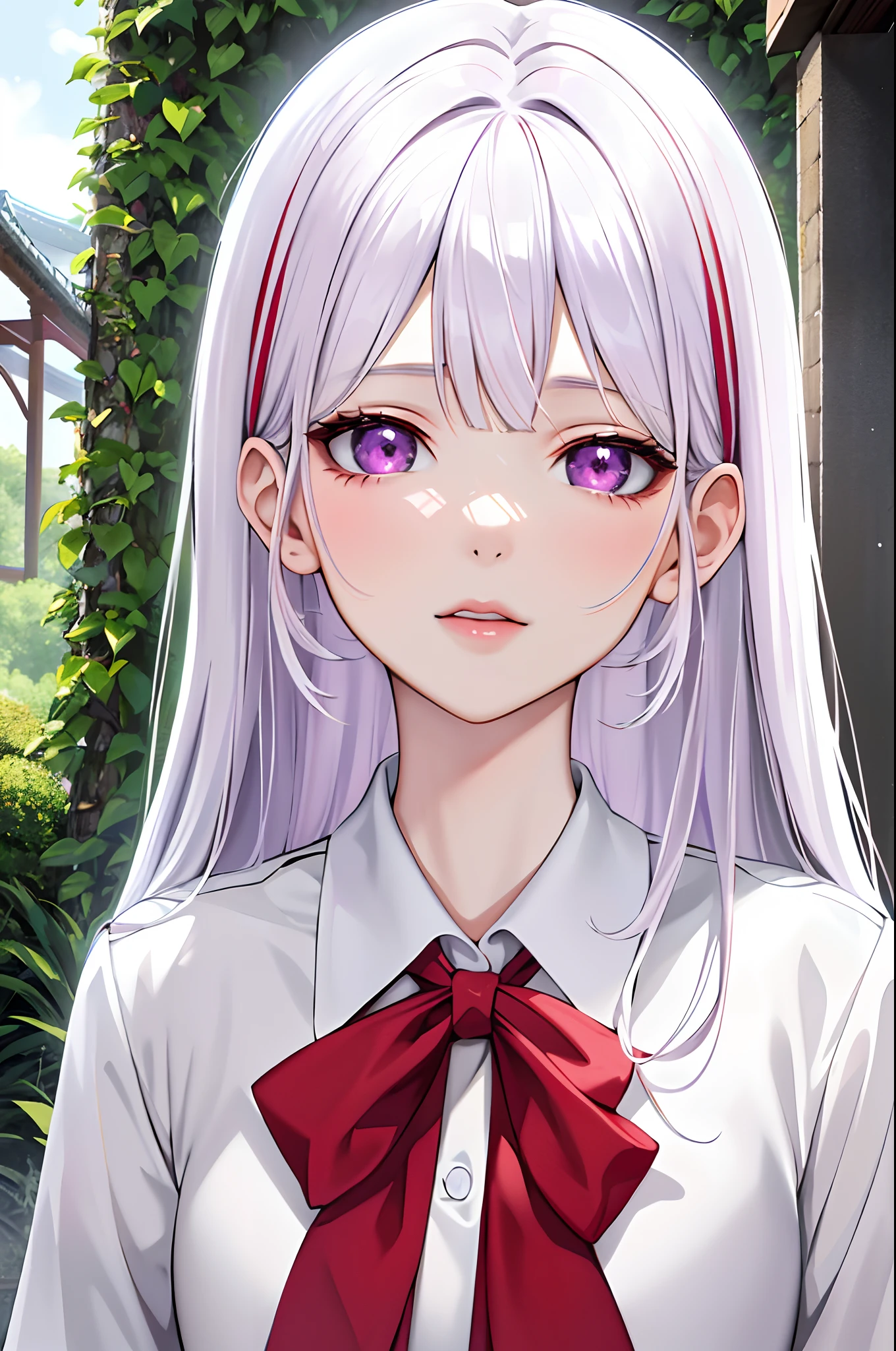 Absurdres, Masterpiece, Best quality, light colors, pastel colors, 1 girl , korean, Beautiful face, reddish lips , white hair with side bangs, big eyes, light purple eyes, wearing school uniform, garden background, detailed scenery