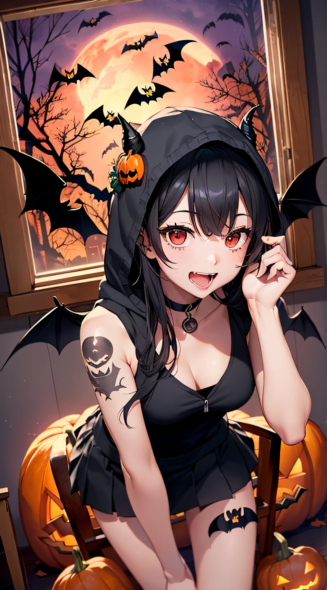 top-quality、Top image quality、​masterpiece、s girl((18year old,Succubus、Black and orange tattered tank top,Tattered orange and black short skirt、Tattered orange short-sleeved hoodie、Wearing a hood,Best Bust、Bust 85、A dark-haired、Longhaire,Red Eyes、open chest wide、Valley、Happiness、A slender、Blood coating、Leaning forward、Prank、Laughing mouth、Pointed teeth、Black wings、Pampering、Emphasis on the chest、clow pose、Bats tattoo、Turn around)）hiquality、Beautiful Art、Background with((window、Red sky、Halloween at night、the bats、pumpkins,Nightmare、Inside the hall of Halloween、Wooden table、Wooden chair))、masutepiece、Elaborate design、visualart、Theatrical films