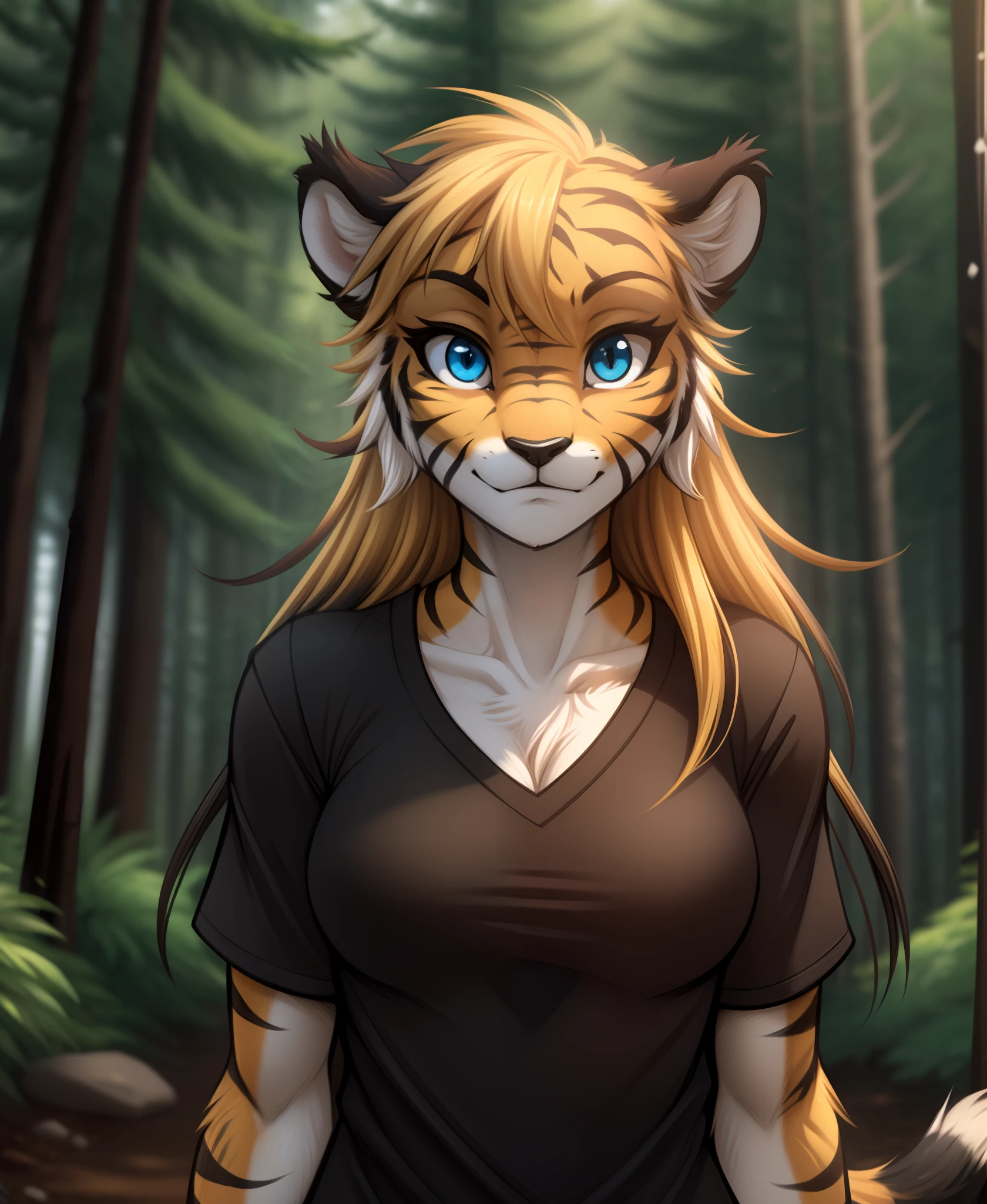 mike-twokinds, mike, twokinds, by tom_fischbach,, (best quality, masterpiece:1), solo, furry female anthro, blue eyes,long hair, black tip yellow hair, portrait, fingers, finger claws, looking at viewer, tiger tail, (outdoors dark forest trees blurry blurred background:1.1), shirt