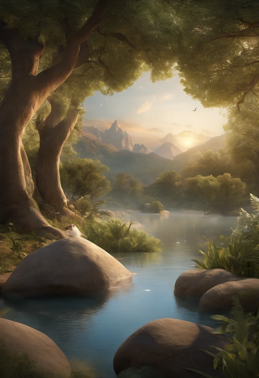 Create an image with a 3D animation style that should convey a sense of wonder and admiration, making it suitable for a children's book. Include elements such as the separation of light and darkness, the formation of the heavens and the earth, the creation of animals and plants. Ensure that the image is child-friendly and promotes a sense of beauty and harmony in the creation