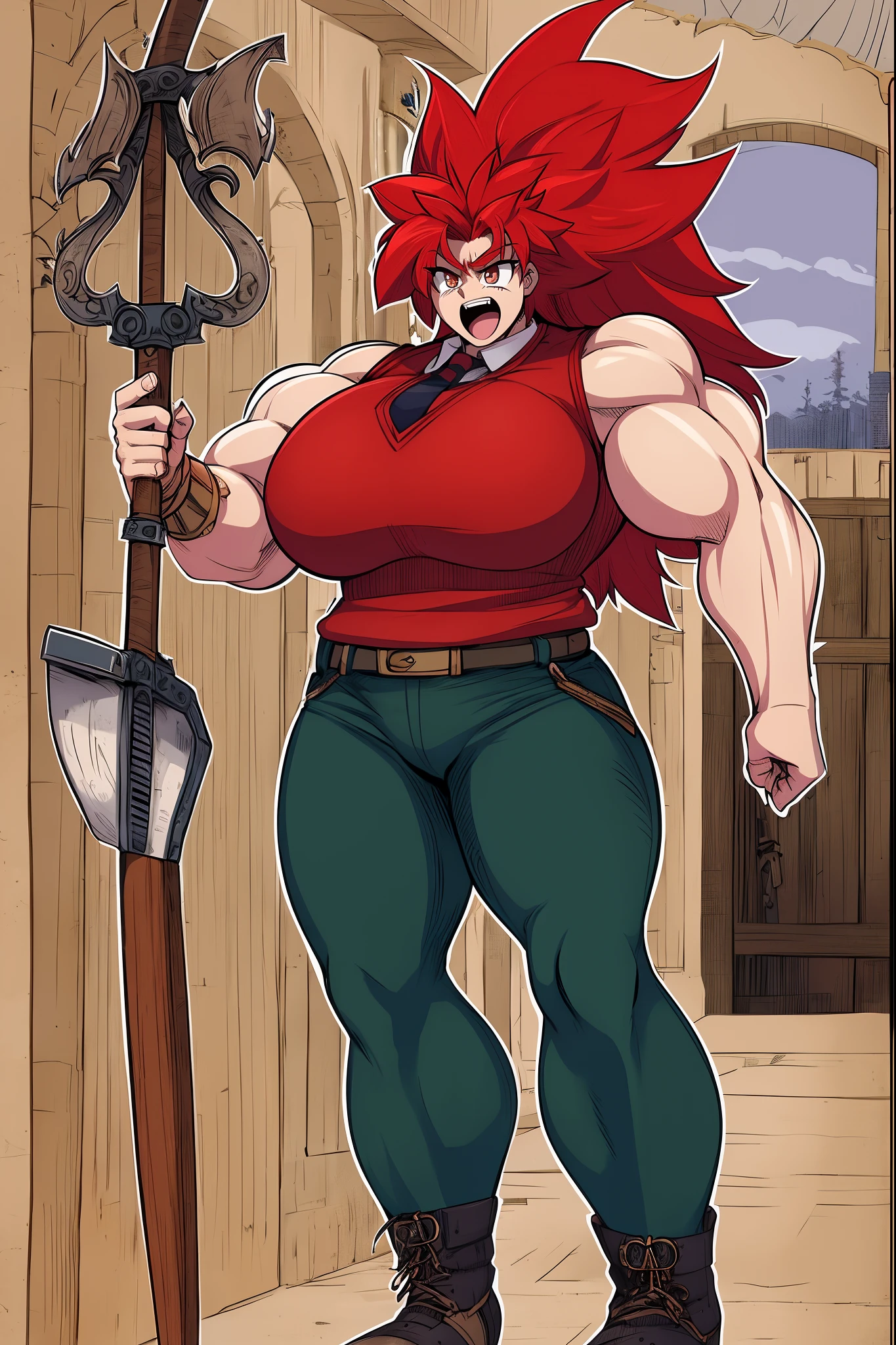 tomboy, warrior, berserker, tall female, muscular female, living hair, sauvage,, medieval clothing, fantasy, fantasy weapon, huge breasts, barbarian pants, , combat boots, armor, red hair, crazy smile, open mouth, biceps, necktie, thick arms,pullover, solo focus, long hair