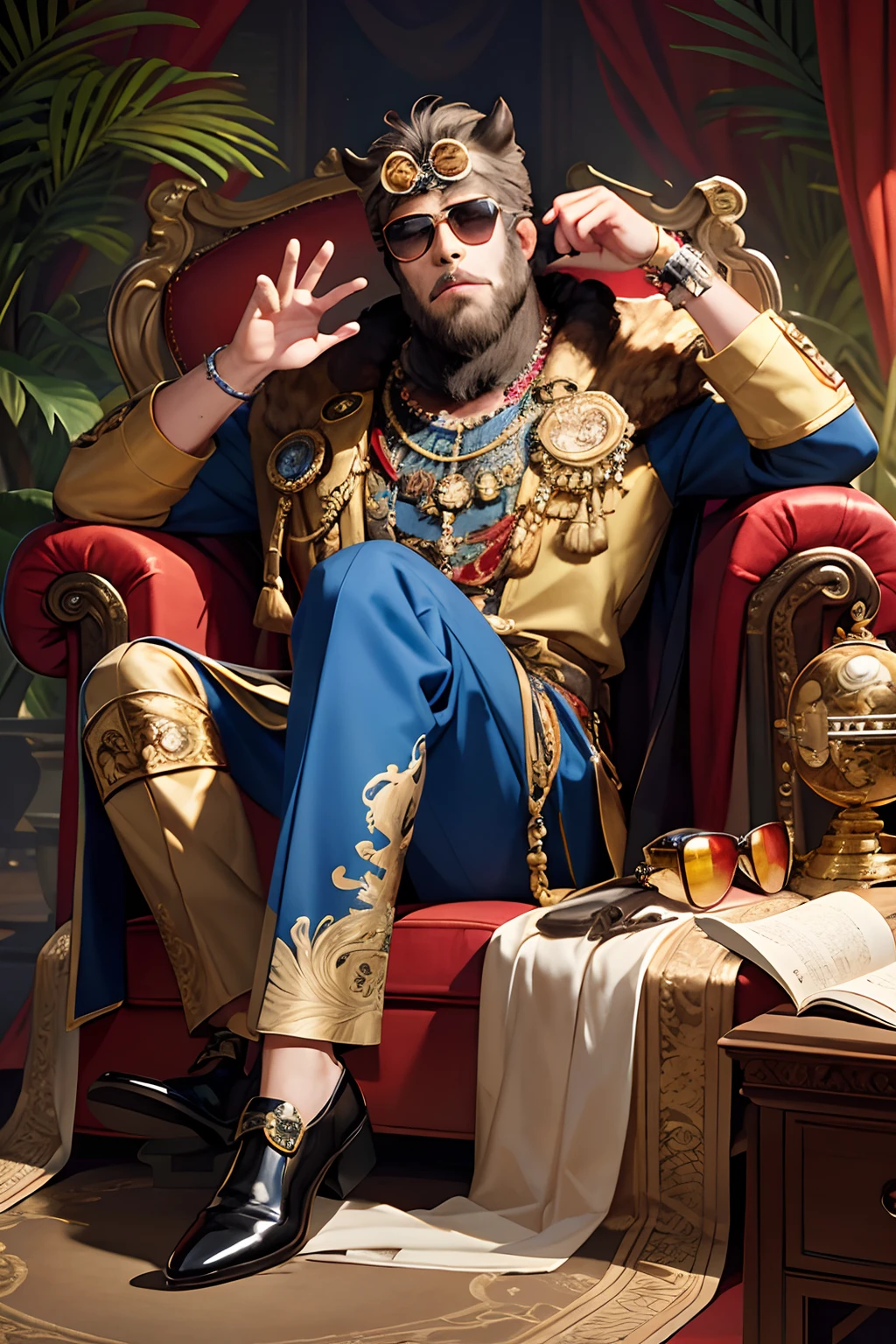 masterpiece, best quality, photorealistic ,fashionmonkey, gorilla, eyewear on head, gears, gem, goggles , gold, jewelry, magic circle,male_focus, owl, pants, shoes, sunglasses, tassel, throne,
