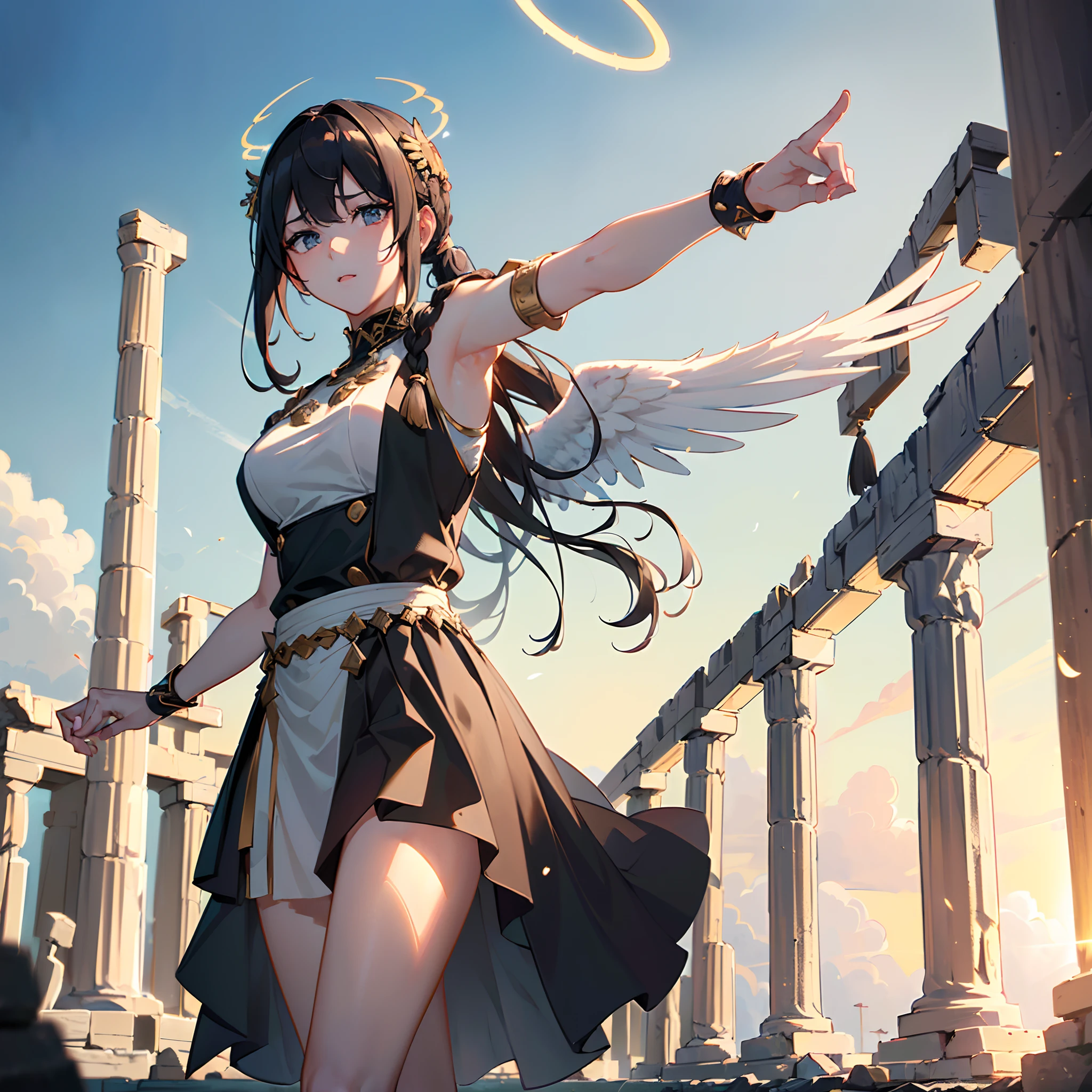 (8K, Best quality, tmasterpiece:1.2),\(eye detailed\),\(Facial features\),(\(Clothes detail details\)\),(Medium breasts),full bodyesbian,(Facial focus) ,Very detailed CG unity 8K wallpaper,hugefilesize,ultra - detailed,A high resolution,absurderes,beautidful eyes,Ray traching,finely detailled,Dramatic angles,Hyper-detailing,(1 girl:1.3),(Solo),Single ponytail hairstyle,Waist length hair,Black color hair,high detailed pupils,(A halo hanging overhead:1.3)+(//There is a pair of wings on the back，The shape of the wings resembles the wings of a swan：1.3//),(Greek costume design style dress：1.4),(atheletic body:1.2),(fighting pose:1.2)+(In heaven，There is a magnificent ancient Greek temple:1.3)+[(Inception:1.2)]