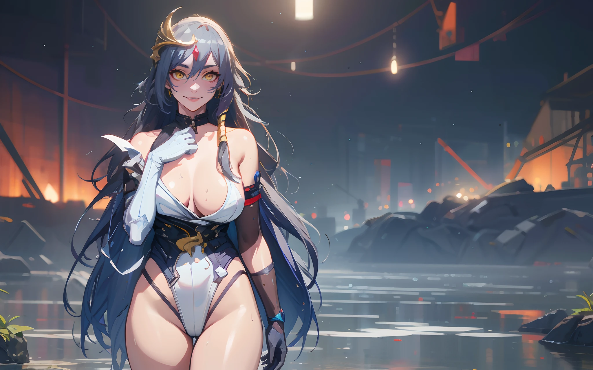 (long hair, hair ornament, grey hair:1.7), multicolored hair, red eyes, glowing eyes, masterpiece, best quality, (highres:1.4), (sagging breasts:1.4), hollow eyes, sweating, smirk, upper teeth, looking at viewer, breasts, 1girl, leotard, looking_at_viewer, bare_shoulders, highleg, highleg_leotard, gloves, large_breasts, solo, wet, glow effects, godrays, Hand drawn, render, 8k, octane render, cinema 4d, blender, dark, atmospheric 4k ultra detailed, cinematic, Sharp focus, big depth of field, Masterpiece, colors, 3d octane render, 4k, concept art, trending on artstation, hyperrealistic, Vivid colors, extremely detailed CG unity 8k wallpaper, trending on CGSociety, Intricate, High Detail, dramatic,