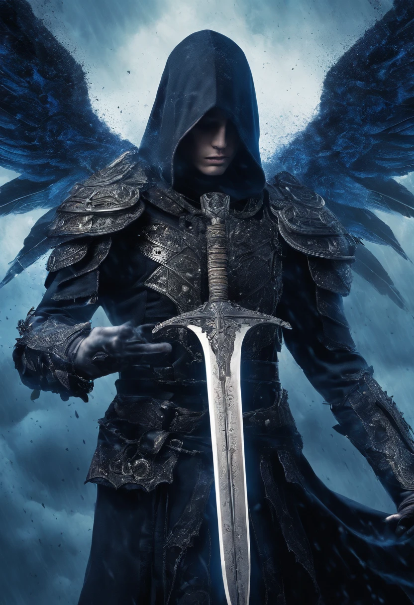 Human with large wings radiating blue energy particles, longsword, bloody, war, battlefield, castle background, rain, cloudly, storm, horror