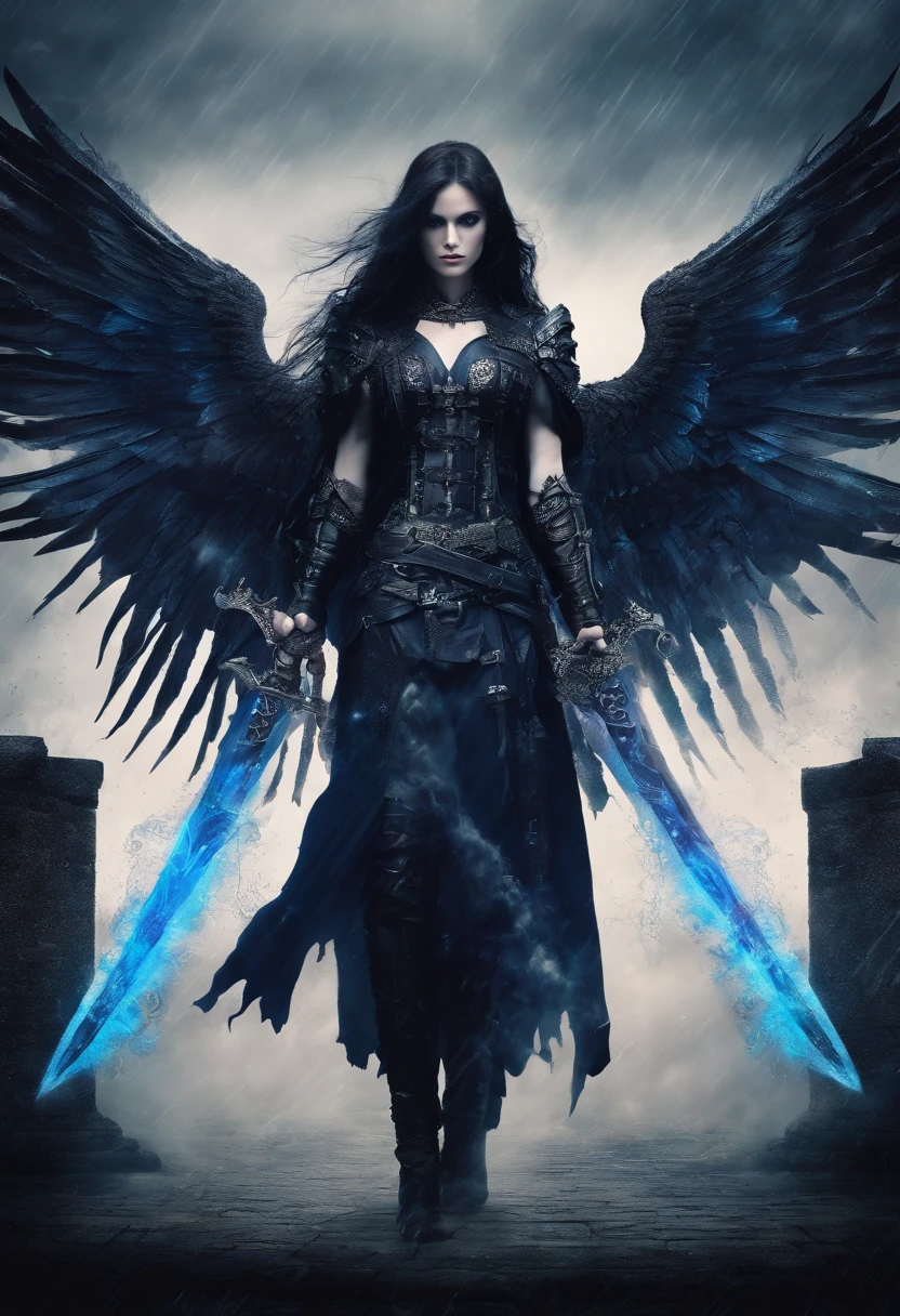 Human with large wings radiating blue energy particles, longsword, bloody, war, battlefield, castle background, rain, cloudly, storm, horror