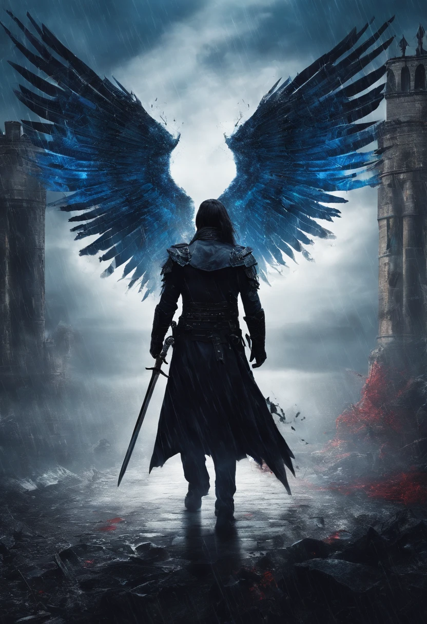 Human with large wings radiating blue energy particles, longsword, bloody, war, battlefield, castle background, rain, cloudly, storm, horror