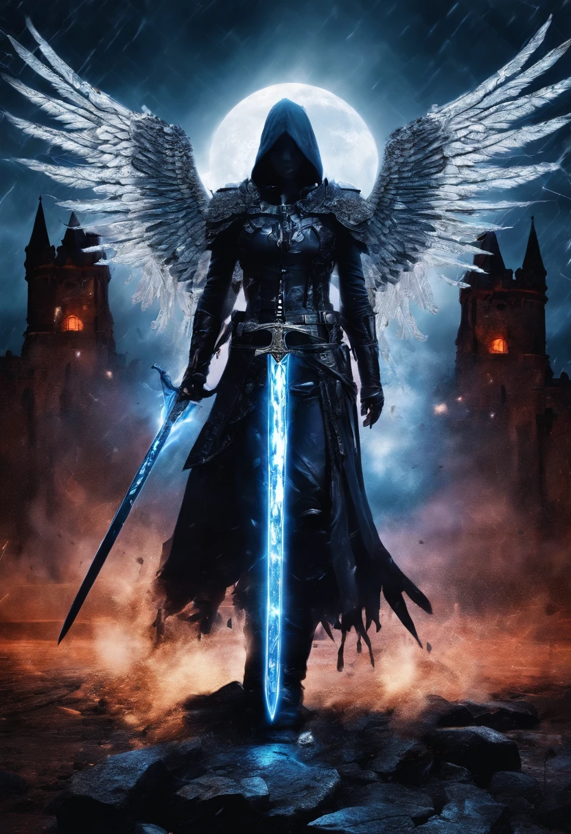 Human with large wings radiating blue energy particles, longsword, bloody, war, battlefield, castle background, rain, cloudly, storm, horror