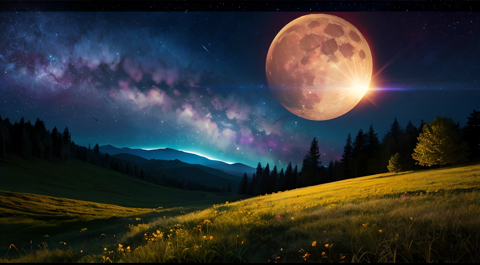 Vast landscape photos、(The sky is up as seen from below、The field is down)、There are no people、(fullmoon:1.2)、(meteors:0.9)、(nebulas:1.3)、mountain in the distance々、The tree々 BREAK Craft Art、(Warm light:1.2)、(fireflys:1.2)、A light、Lots of Purples and Oranges、intricate detailes、voluminous lighting、Realism Break(master piece: 1.2), (Top image quality), 4K, The ultra-detailliert, (dynamic compositions: 1.4), ighly detailed, Colorful Detail, (Rainbow Color: 1.2), (Glow lighting, Atmosphere Lighting), dream-like, Magical, (独奏: 1.2)