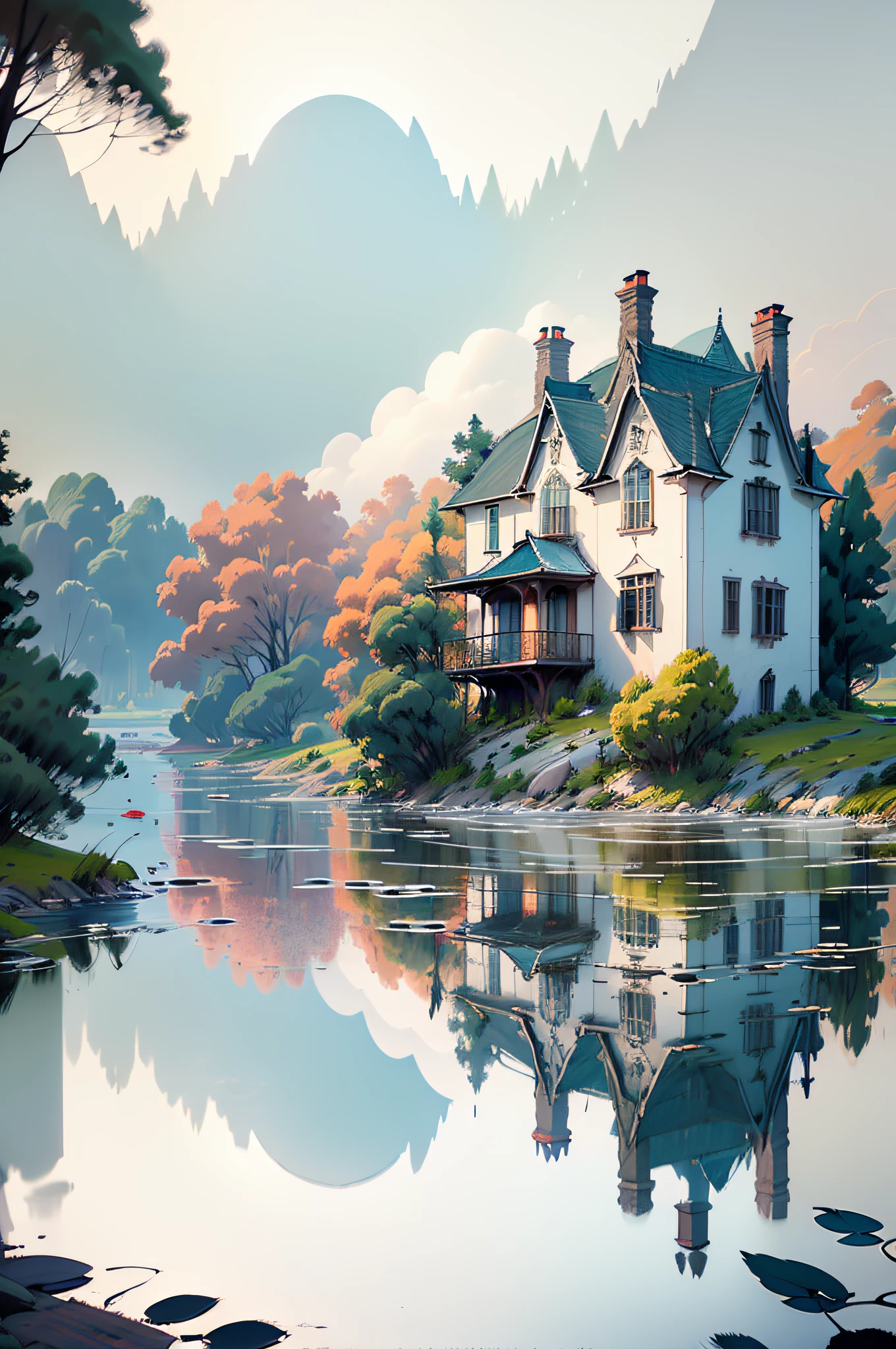 illustrate a house by a lake, pastel colour style art, trees, water, dusk, moonlight, reflections on the water,