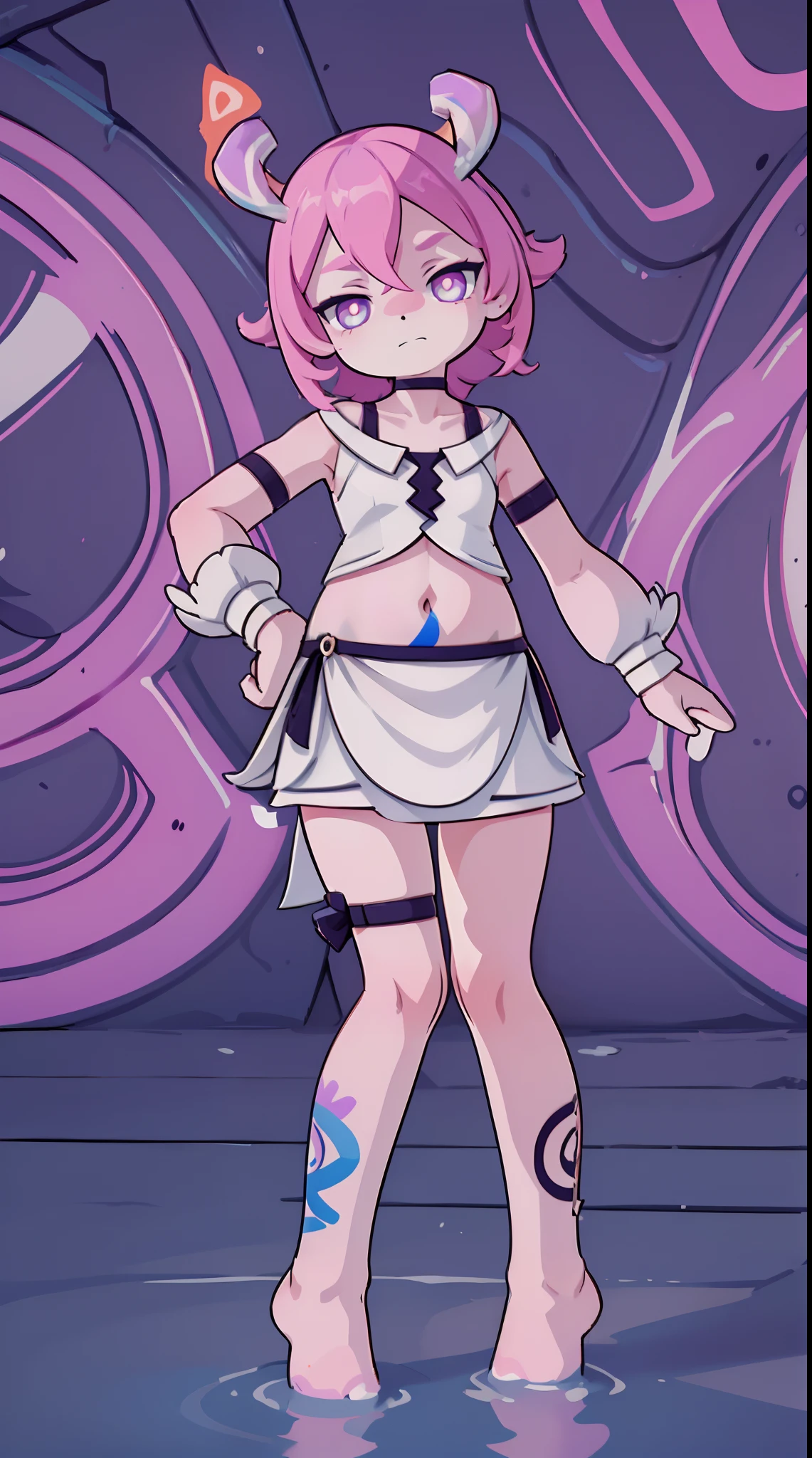Melousine | genshin impact, master-piece, bestquality, 1girls,25 years old, proportional body, elongated legs, proportional., Wedding Dresses, White Wedding Dress, wedding, mediuml breasts, ,bara, crop top, choker, (Graffiti:1.5), Splash with purple lightning pattern., arm behind back, against wall, View viewers from the front., Thigh strap, Head tilt, bored, 10, 10, HD, slight smile,