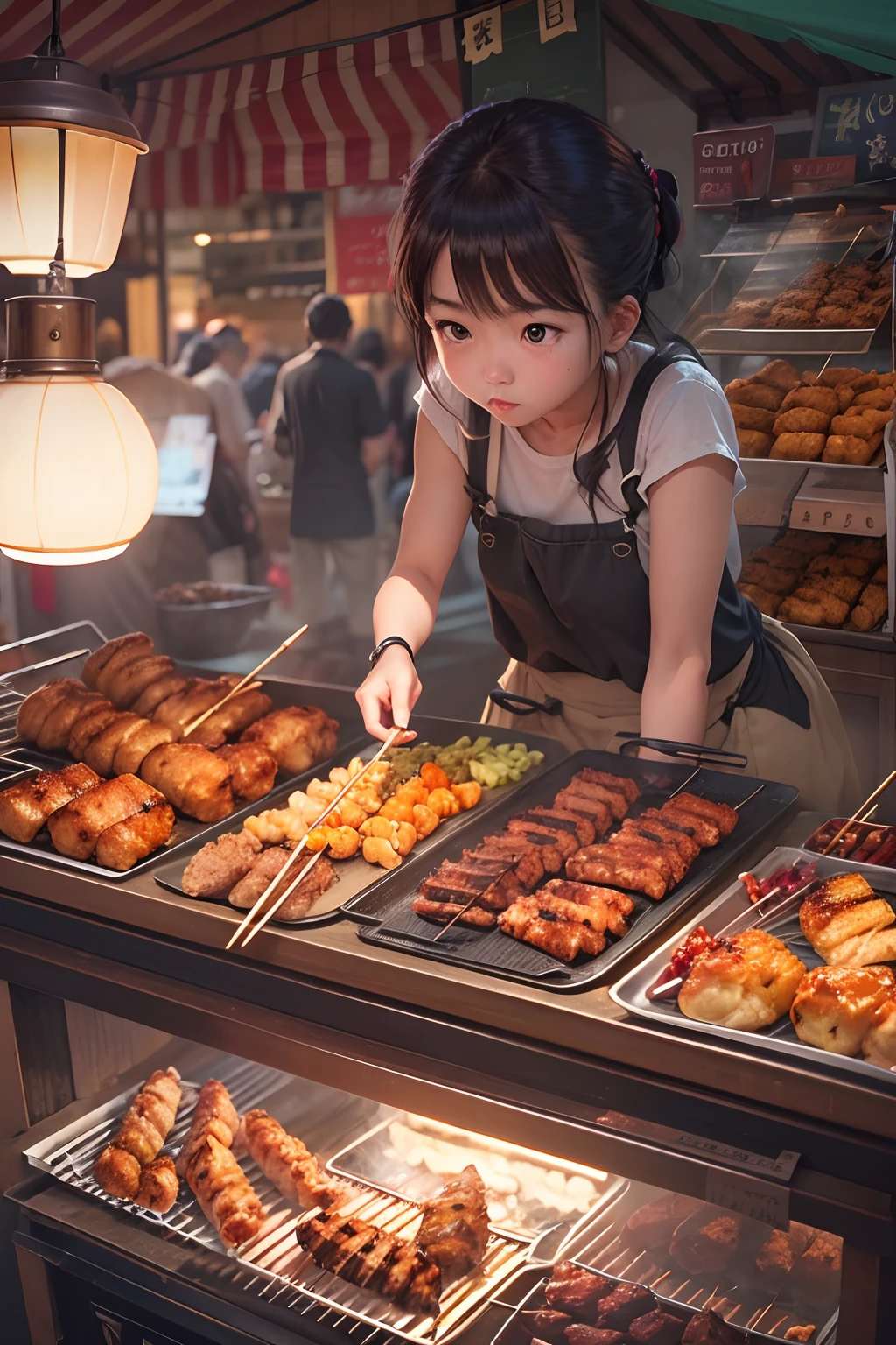 A girl, At a small stall,Fried chicken wings are sold,grilling skewers,lamplight,