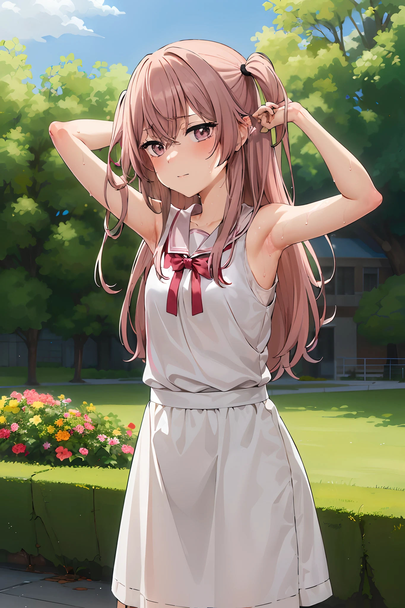 best quality, (masterpiece:1.2), detailed,
inui sajuna juju,
1girl, solo, closed mouth,
pink hair, pink eyes, long hair, two side up,
,
standing, (from angle:1.4), looking at the viewer, arms up, armpits, sweat, sweaty armpits
outdoors, in front of school