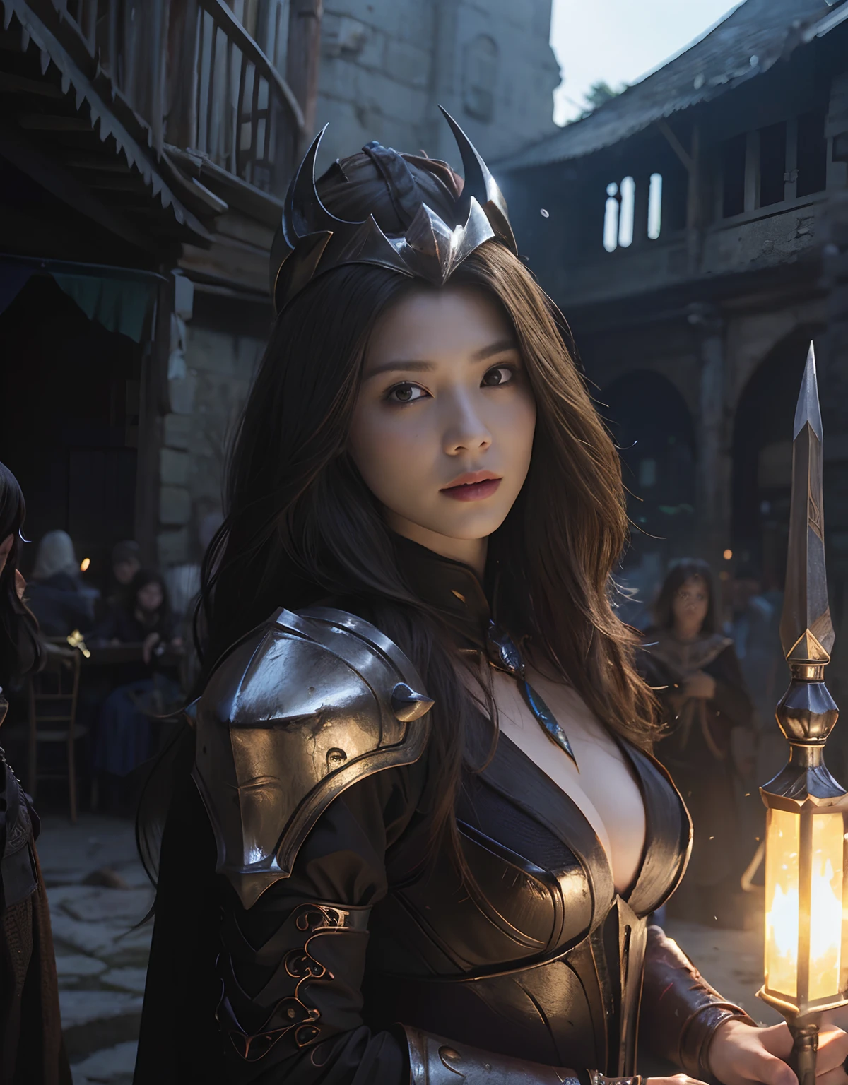 (One Knight Girl)、top-quality、​masterpiece、超A high resolution、(Photorealsitic:1.4)、Raw photo、女の子1人、（Wear the Dark Knight's Armor）、glowy skin、(((Dark Fantasy)))、Fight with beautiful swords and shields、(((Mystical expression))),（Gorgeous gold metal body）、(Fight goblins、ogre、Fierce battle with orcs),（Fighting strong enemies）、Fight fiercely、(Background of decaying dungeon ruins)、（Ultimate Beauty）、（Detailed knight's helmet）、(Fighting Demonic Beasts)、(Pointed Hat Wizard Hat)、((super realistic details))、portlate、(Strong giant demon beast background),globalillumination、Shadow、octan render、8K、ultrasharp、Colossal tits、Raw skin is exposed in cleavage、metals、Details of complex ornaments、Japan details、highly intricate detail、Realistic light、(Mystical expression),CGSoation Trends、Red Eyes、radiant eyes、Facing the camera)、Gundam、Small LED、Toostock、（Background of the mutation）、（Attack of the Monster Beasts）、Ultimate Beauty、beautiful female knight、Wear colorful armor、Detailed sword、（Wearing legendary armor）、