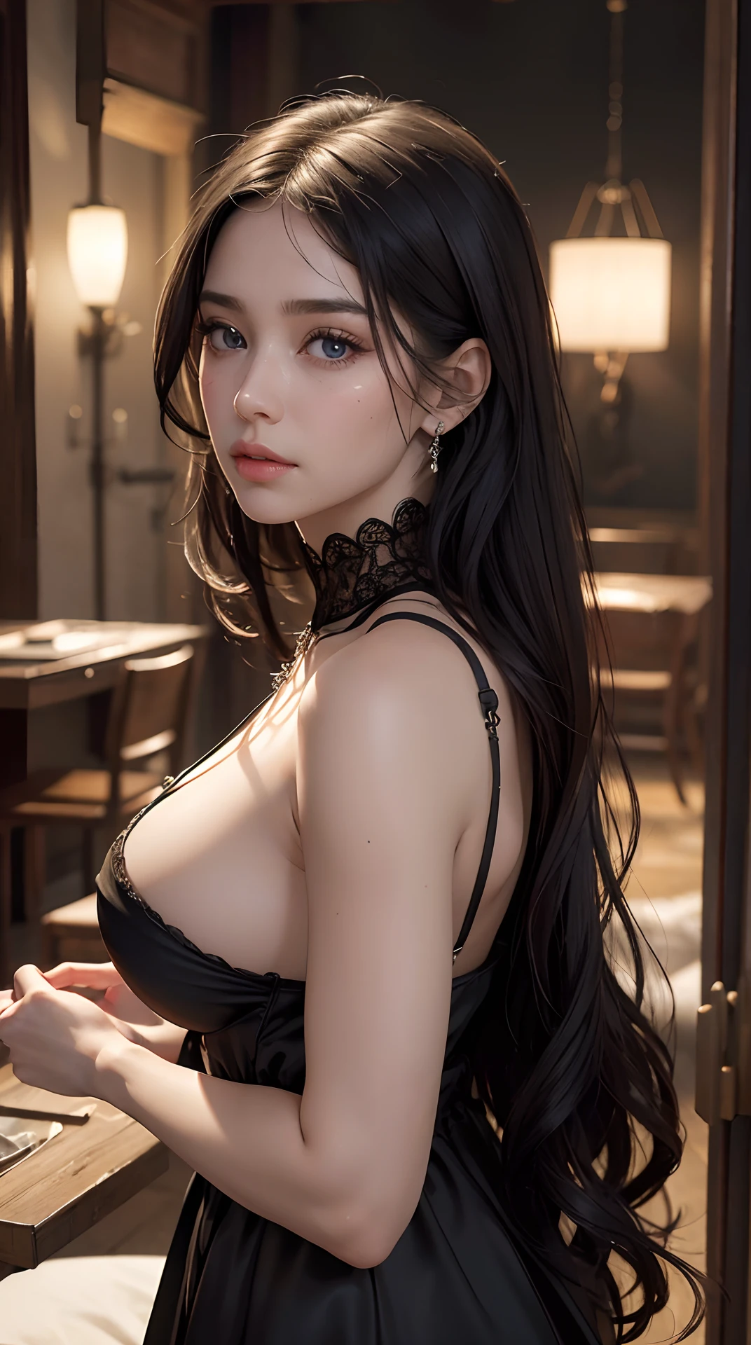 (best quality,4k,8k,highres,masterpiece:1.2),ultra-detailed,(realistic,photorealistic,photo-realistic:1.37),beautiful expressive eyes,long eyelashes,beautiful detailed lips,detailed hair and face,(She looks as if she is about to cry.),clean and flawless skin,(Very large breasts, big tits, oversized tits),Short hair,(gothic dress),