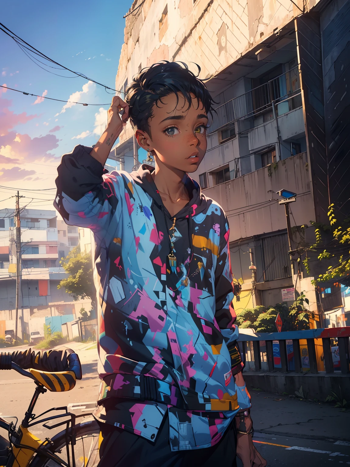 Um em um beco dos fundos、(super detalhe)、(8k)、((Moda Hip Hop))、(muro de grafite)、(Esbian de corpo inteiro)、(face hiperdetalhada)、(detailed feets)、(Detailed hand)、(cara fria)、(sentado com os joelhos levantados)、(Put your hands on your knees)