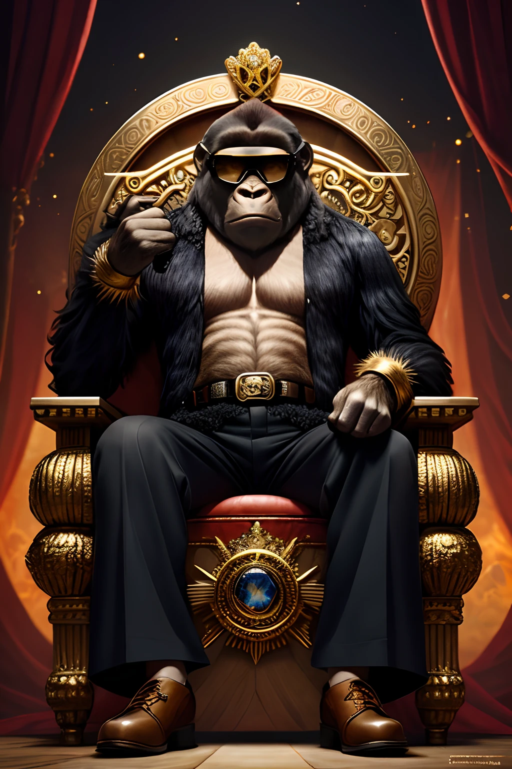 masterpiece, best quality, photorealistic ,fashionmonkey, gorilla, eyewear on head, gears, gem, goggles , gold, jewelry, magic circle,male_focus, owl, pants, shoes, sunglasses, tassel, throne,