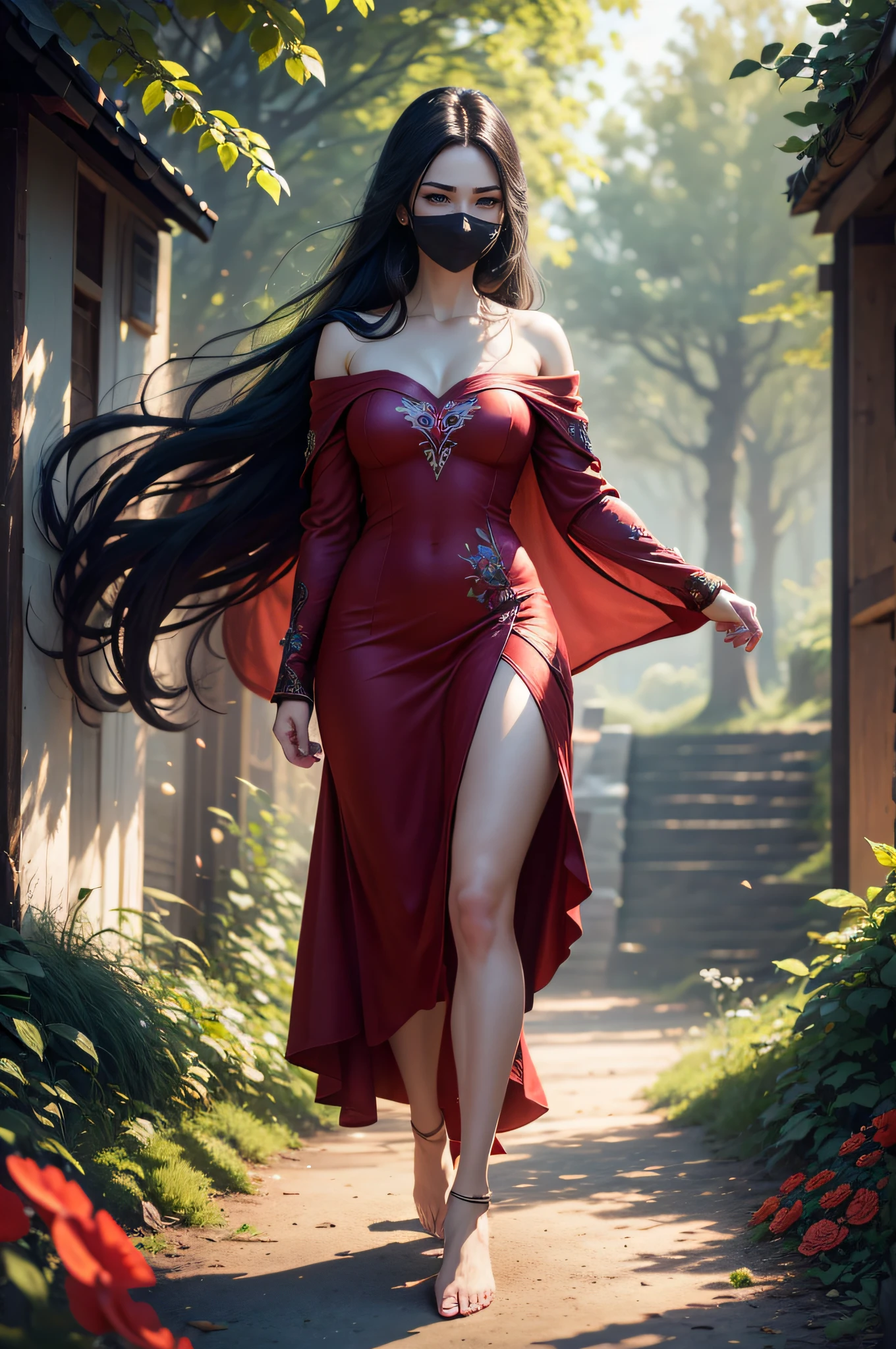 fullbody view, female, green eyes, black hair tied to a bun, strapless full dress, red scarf around her neck, flowy arm sleeves, silk gloves, a fabric is wrapped around her waist