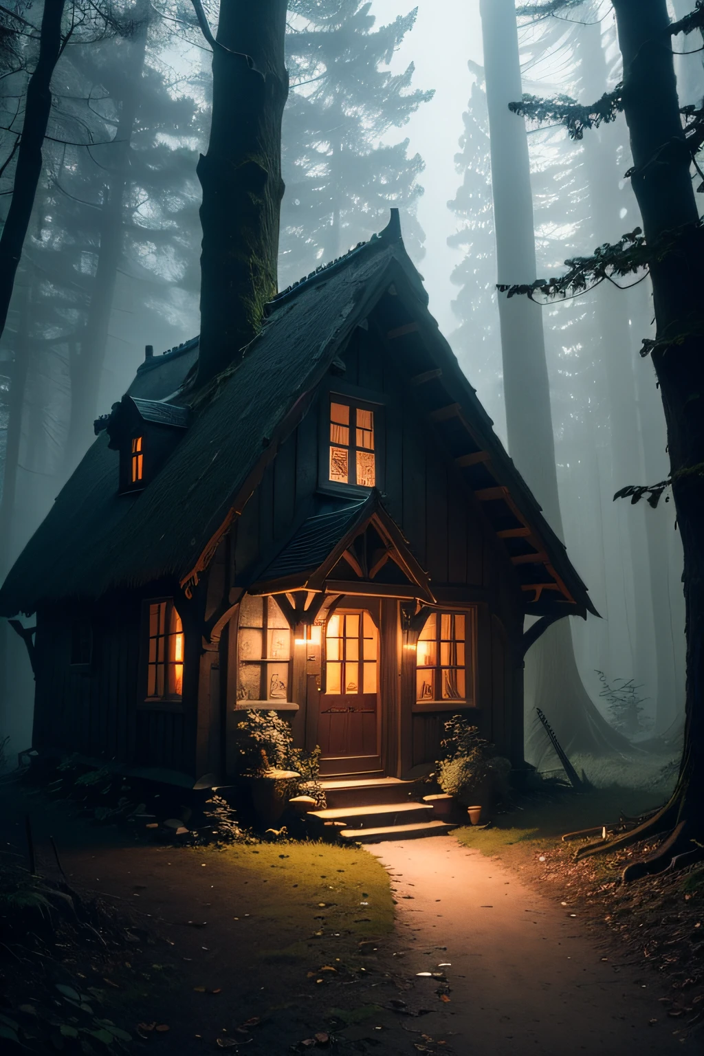 Capture the enchanting and ancient aura of a witch's cottage concealed deep in the woods, using a DSLR camera with a wide-angle lens during the eerie twilight, creating an atmospheric photograph that embodies its mystical and mysterious essence
