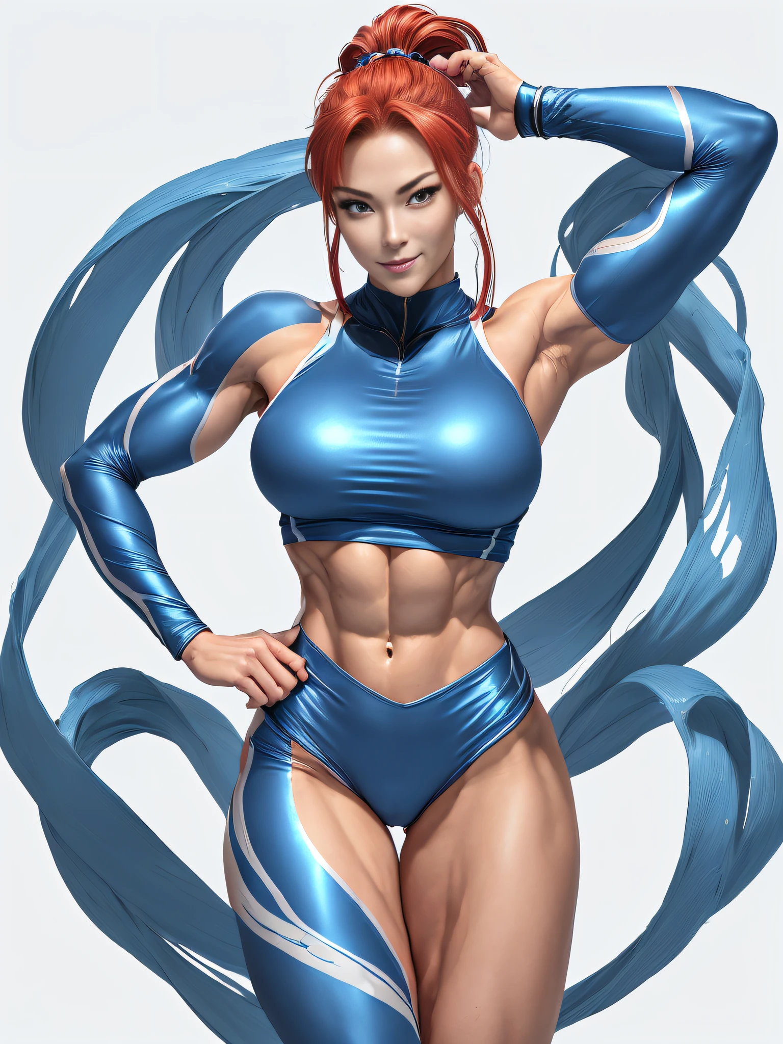Female Fitness Model、Huge chest on the verge of bursting、thin and long legs、abdominals、musculature、Metallic white and blue workout wear、Half Japan and half American.、25-years old、Height 175cm、sportuniversal、Cheerful smile、blue eyes、Red hair、Pony tail、glistning skin、blue eyes、Pose ready to fight、full-body view