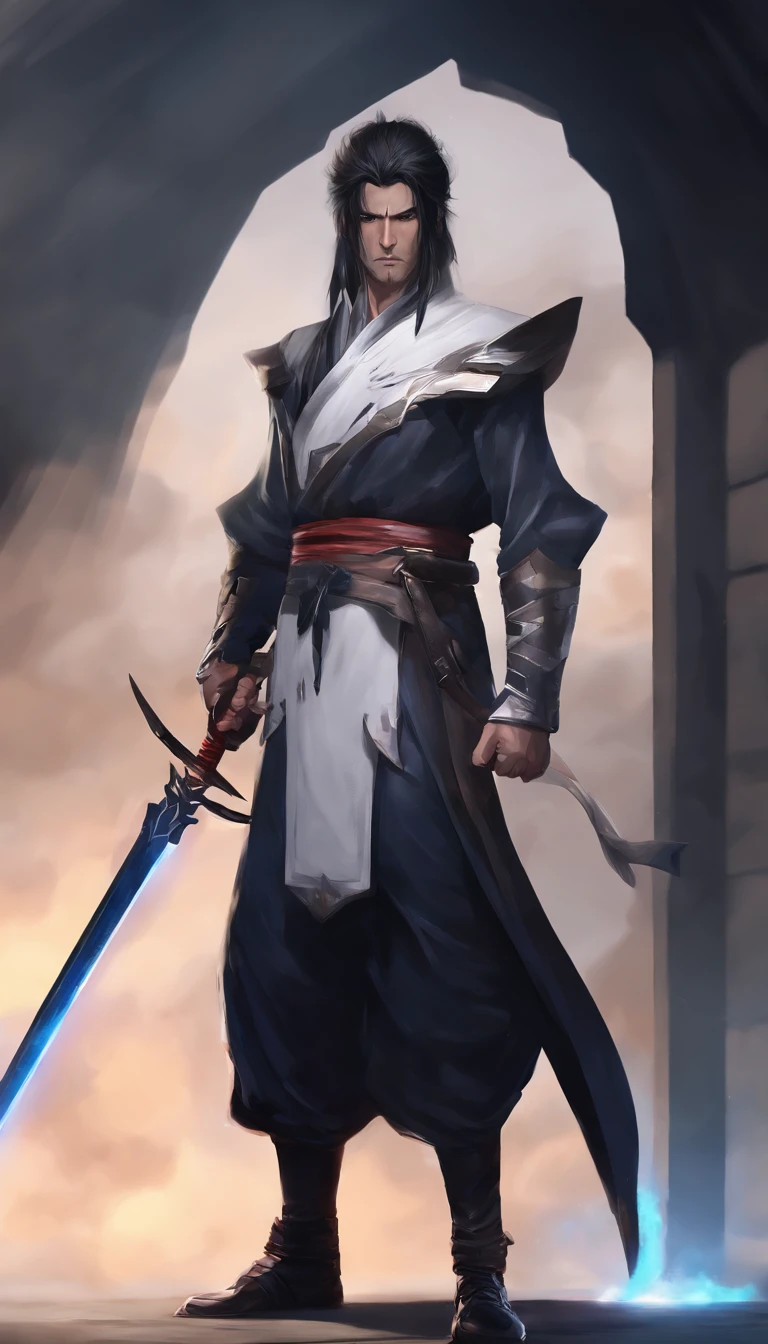 middle aged man, A high resolution, Black color hair, Half is the body of a demon,Half a demon face, Chinese Warrior, Delicate three-dimensional blue flame demon face, sbeard, Wearing a hat, Expression of anger, Brawny, kaftan, Black and white robes, On his back is a set of sword boxes, Handsome, Full body view, standing on your feet, (White background:1.3), swordsman, 。。。。。。。。。。。。。, Face the lens, (Blackn clothes:0.8), High detail, Masterpiece, ccurate, Anatomically correct, Textured skin(tmasterpiece,best qualtiy), intricately details, 8K, yes, art stations, the wallpaper, offcial art, splashart, Storm in the background, tack sharp focus, 1boys, (フォトリアリスティック:1.2) (Bokeh) (best qualtiy) (detailedskin:1.3) (complexdetails) (8K) (detailedeyes) (sharp-focus) irate, combat damage, blue sash, Black colored eyes, malefocus, musculous, male people,, obi strip, 独奏, teeth,Torn clothing belt,Electric gloves,Unreal lightning background