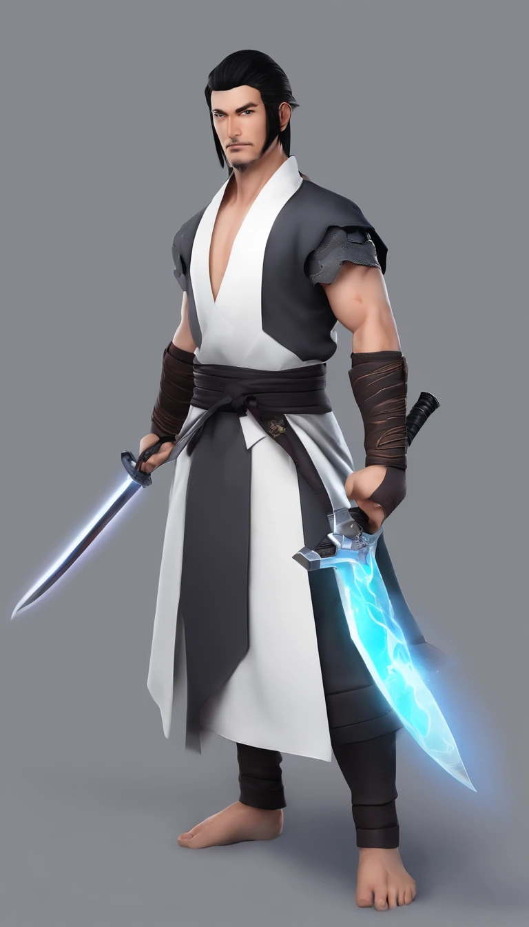 middle aged man,  A high resolution, Black color hair, Half is the body of a demon，Half a demon face, Chinese Warrior, Delicate three-dimensional blue flame demon face, sbeard, Wearing a hat, Expression of anger, Brawny, kaftan, Black and white robes, On his back is a set of sword boxes, Handsome, Full body view, standing on your feet, （White background：1.3）, swordsman, 。。。。。。。。。。。。。, Face the lens, （Blackn clothes：0.8）, High detail, Masterpiece, ccurate, Anatomically correct, Textured skin（tmasterpiece，best qualtiy）， intricately details， 8K, yes， art  stations， the wallpaper， offcial art， splashart， Storm in the background， tack sharp focus， 1boys， （フォトリアリスティック：1.2） （Bokeh） （best qualtiy） （detailedskin：1.3） （complexdetails） （8K） （detailedeyes） （sharp-focus） irate， combat damage， blue sash，  Black colored eyes， malefocus， musculous， male people，， obi strip， 独奏，  teeth，Torn clothing belt，Electric gloves，Unreal lightning background