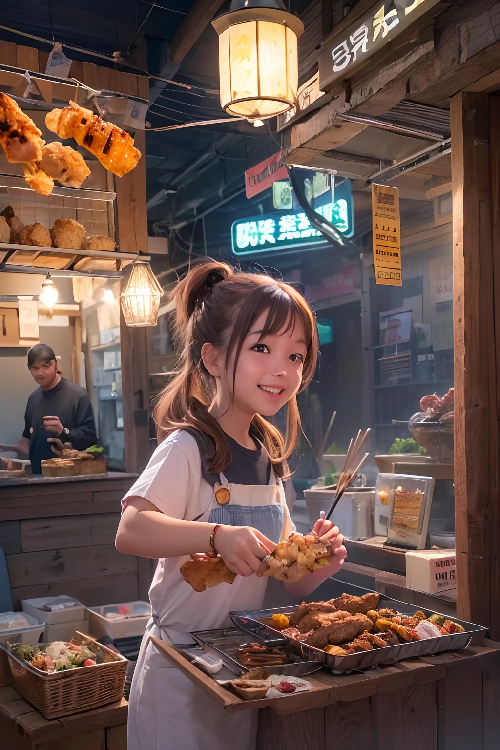 A girl, smile, At a small stall,Fried chicken wings are sold,grilling skewers,lamplight,