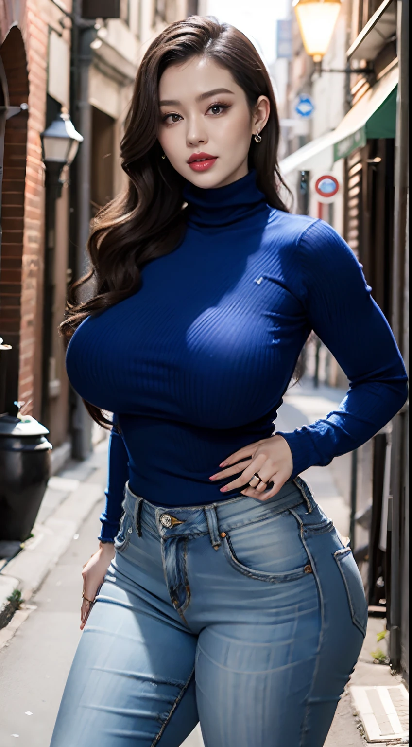 masterpiece, top-quality、Sexy woman in Blue turtleneck tops with big breasts、jeans、curvy, wide hips, sexy poses in backalley at night、Modern metropolis、optimal ratio of four fingers and one thumb、