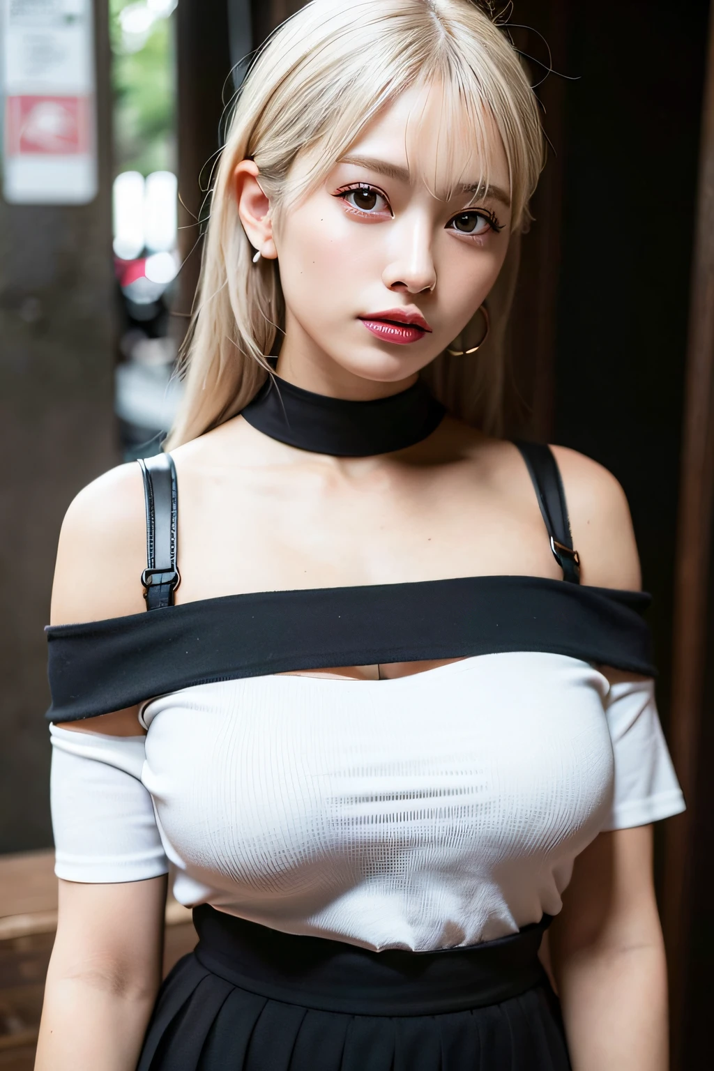 best quality, ultra high res, (photorealistic:1.4), 1girl, off-shoulder white shirt, black tight skirt, black choker, (faded ash gray hair:1), (huge breasts:1.2), looking at viewer, closeup ,