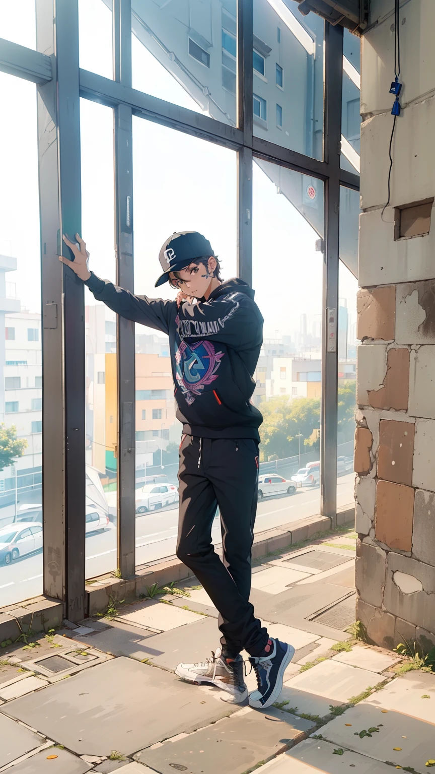 Um menino em um beco dos fundos、(super detalhe)、(8k)、((Moda Hip Hop))、(muro de grafite)、(Esbian de corpo inteiro)、(face hiperdetalhada)、(detailed feets)、(Detailed hand)、(cara fria)、(sentado com os joelhos levantados)、(Put your hands on your knees)