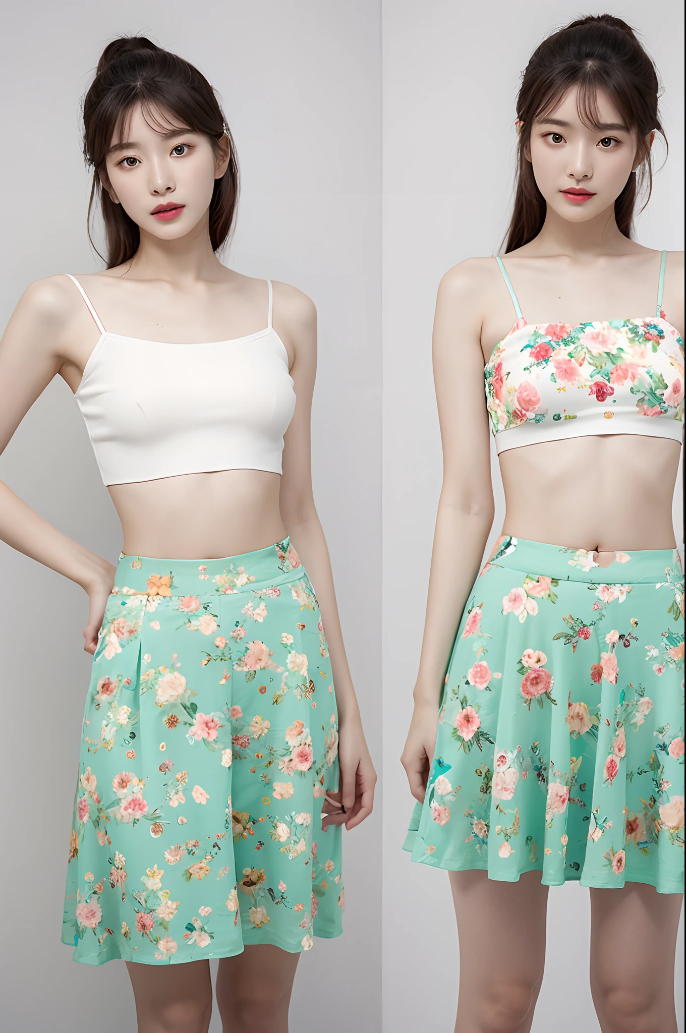 a woman in a floral crop top and mint skirt posing for a picture, croptop, crop top, bralette, wearing white camisole, bae suzy, wearing a camisole, physical : tinyest midriff ever, gorgeous young korean woman, heonhwa choe, cutecore, lulu chen, reluvy5213