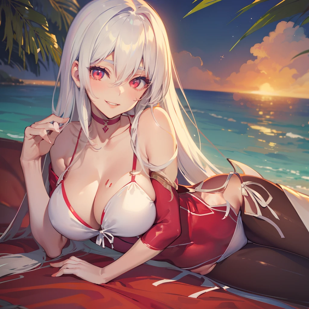 DETAILED, DENSE, MASTERPIECE, one girl, beautiful, 22 years old, smooth skin, glowing skin, glowing hair, clear eyes, glowing eyes, red eyes, soft lips,(viewer Looking down: 0. 8) smiling slightly, cheeks stained, mouth open, one girl, soft skin, large breasts, glowing skin, (Masterpiece: 1.0), (Realistic: 1.6), (Soft Focus: 1.5), full body, big lips, sexy face, sharp eyes, grin, skinny waist, (((skinny waist))), pastel pink jacket, white hair, bikini, water, lying on the side, resting head on hand