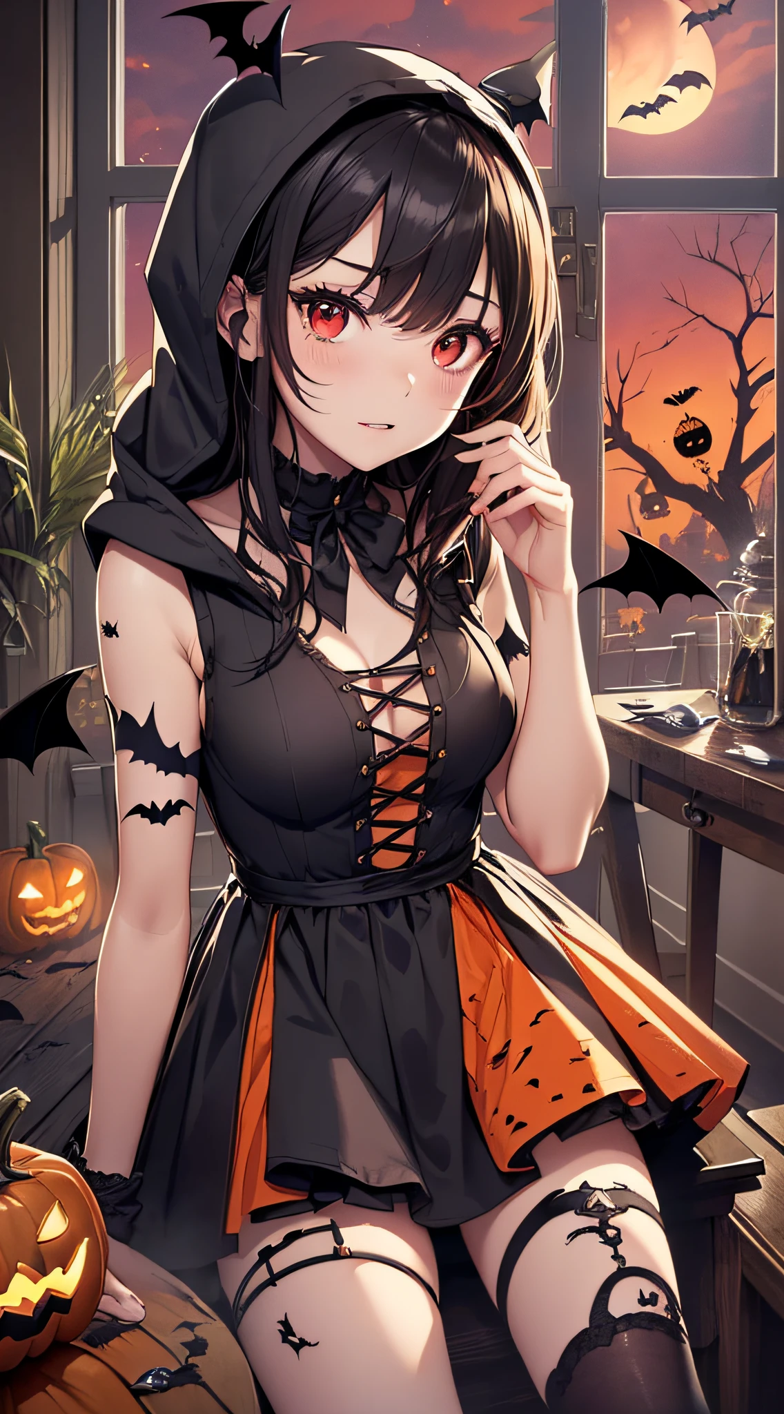 top-quality、Top image quality、​masterpiece、s girl((18year old,Succubus、Black and orange tattered tank top,Tattered orange and black short skirt、Tattered orange short-sleeved hoodie、Wearing a hood,Best Bust、Bust 85、A dark-haired、Longhaire,Red Eyes、open chest wide、Valley、Happiness、A slender、Blood coating、Leaning forward、Prank、Black wings、Pampering、Emphasis on the chest、clow pose、Bats tattoo、Turn around)）hiquality、Beautiful Art、Background with((window、Red sky、Halloween at night、the bats、pumpkins,Nightmare、Inside the Halloween venue、Wooden table、Wooden chair))、masutepiece、Elaborate design、visualart、Theatrical films