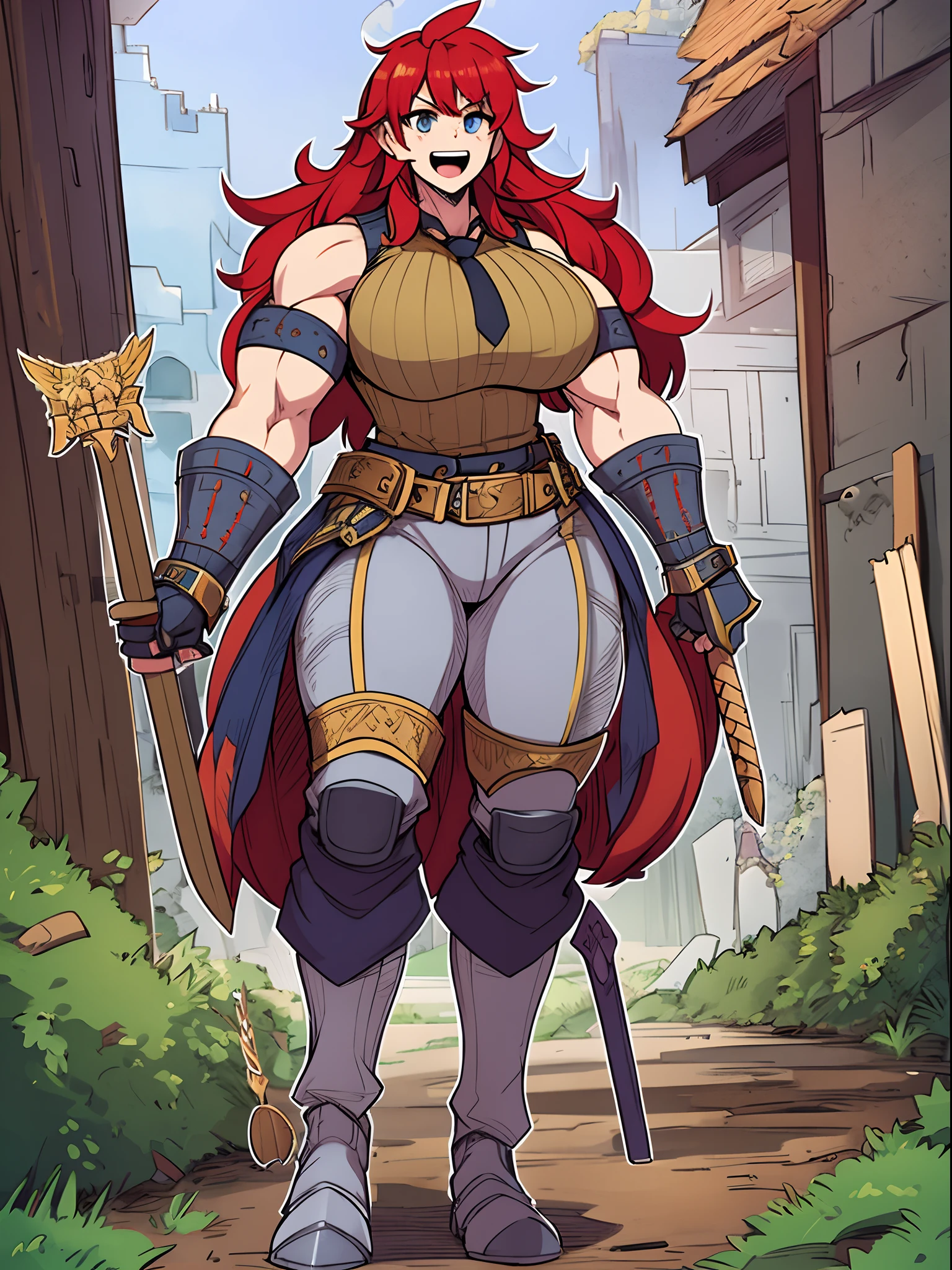 tomboy, warrior, berserker, tall female, muscular female, living hair, sauvage,, medieval clothing, fantasy, fantasy weapon, huge breasts, barbarian pants, , combat boots, armor, red hair, crazy smile, open mouth, biceps, necktie, thick arms,pullover, solo focus, long hair, refsheet