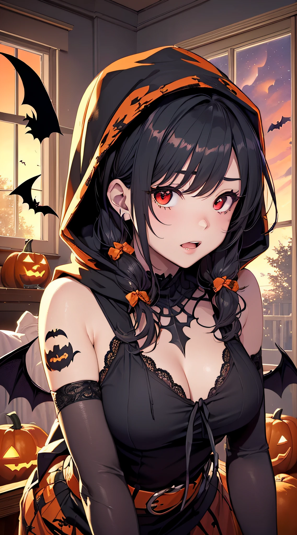 top-quality、Top image quality、​masterpiece、teens girl((18year old,Succubus、Black and orange tattered tank top,Tattered orange and black short skirt、Tattered orange short-sleeved hoodie、Wearing a hood,Best Bust、Bust 85、A dark-haired、Longhaire,Red Eyes、open chest wide、Valley、Happiness、A slender、Blood coating、Leaning forward、Prank、Black wings、Pampering、Emphasis on the chest、clow pose、Bats tattoo、Turn around)）hiquality、Beautiful Art、Background with((window、Red sky、Halloween at night、the bats、pumpkins,Nightmare、Inside the Halloween venue、Wooden table、Wooden chair))、masutepiece、Elaborate design、visualart、Theatrical films