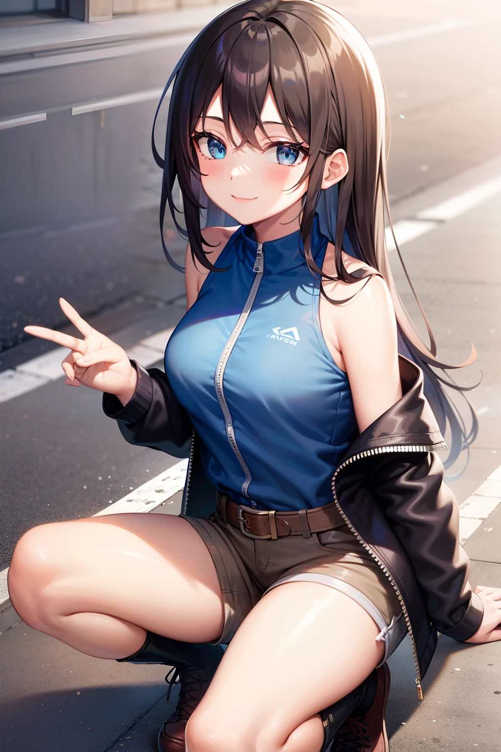 1girl, solo, bare shoulder, blue jacket, at street, looking at viewer, shorts, brown boots, brown belt, black hair, long hair, blue eyes, smile