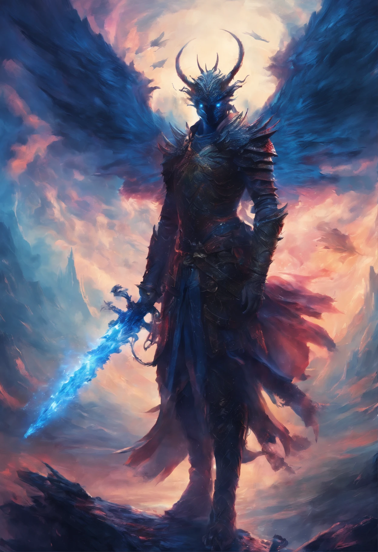 Human with large draconian wings radiating blue energy particles, longsword, bloody, war, battlefield, castle background, rain, cloudly, storm, horror