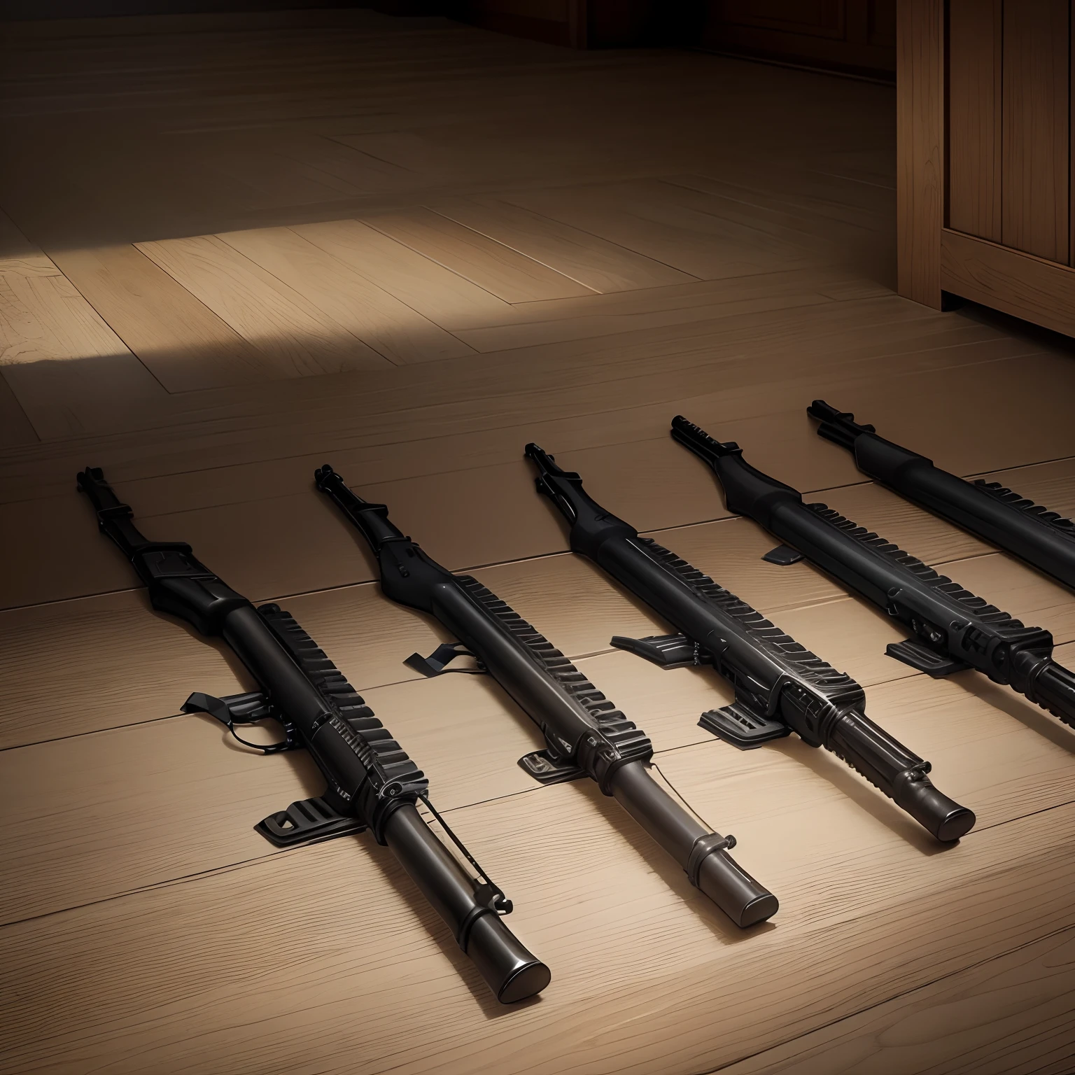 Rifles with fine decoration、Made of silvery realistic metal、There are many of them lined up on the pitch black floor of an empty room.