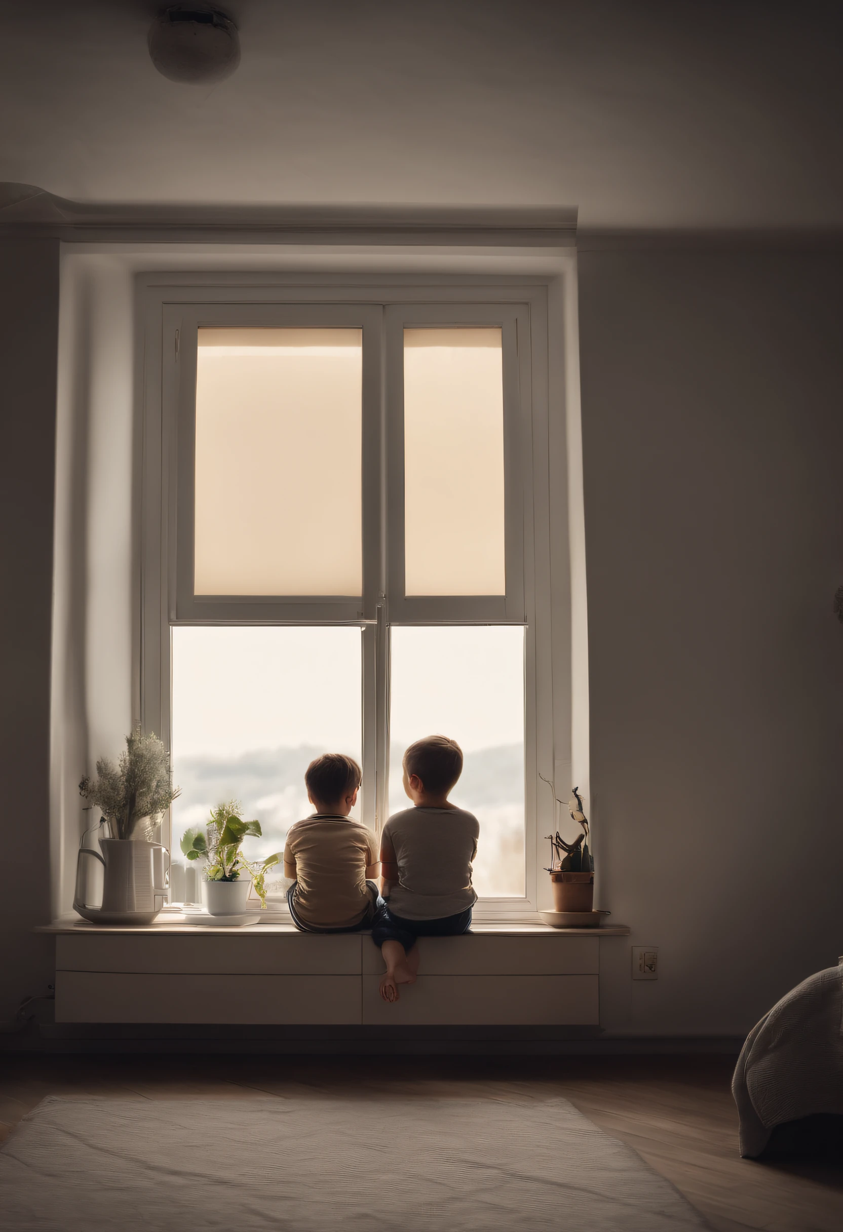 Modern bedroom, Dilapidated wall units, morden style, The tree, white wall,Two little boys,An 8-year-old,A 5-year-old,Sitting by the window waiting for their mom to come back,They are hungry,The expression is anxious