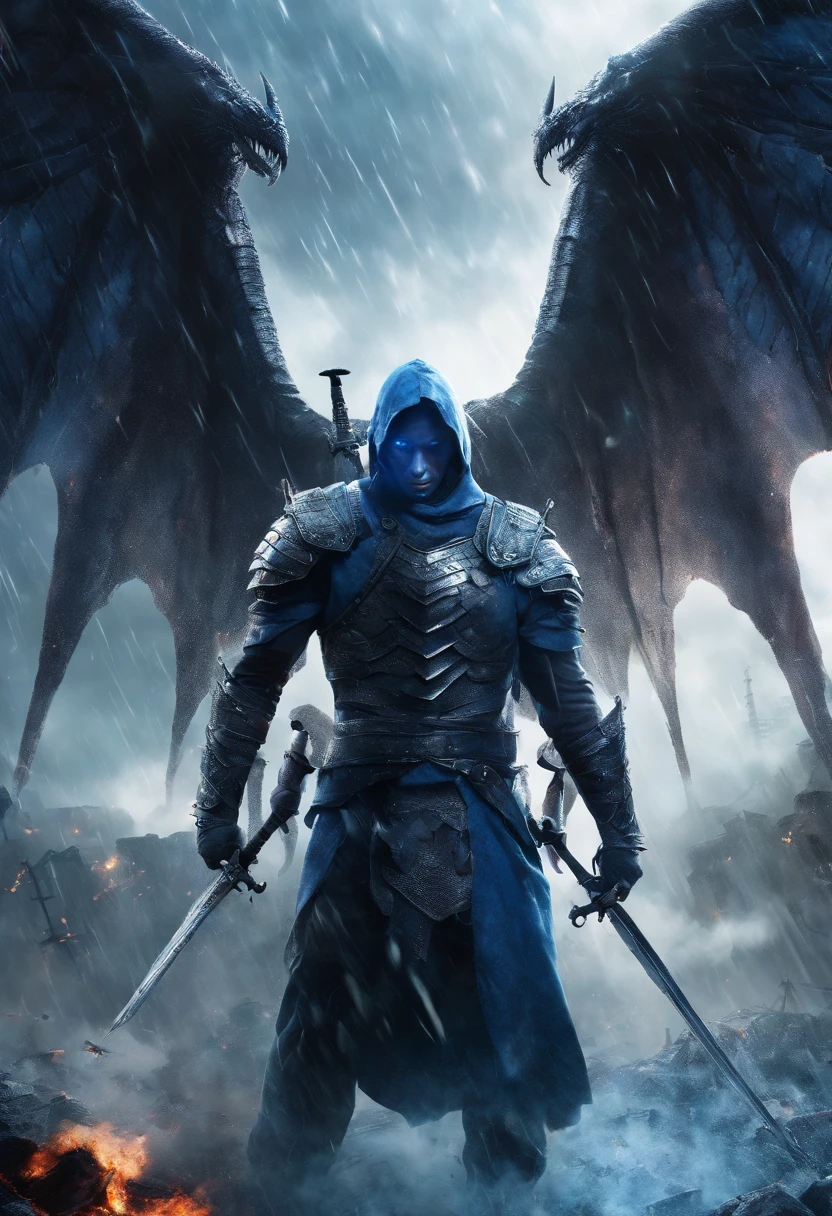 Human with large draconian wings radiating blue energy particles, longsword, bloody, war, battlefield, castle background, rain, cloudly, storm, horror