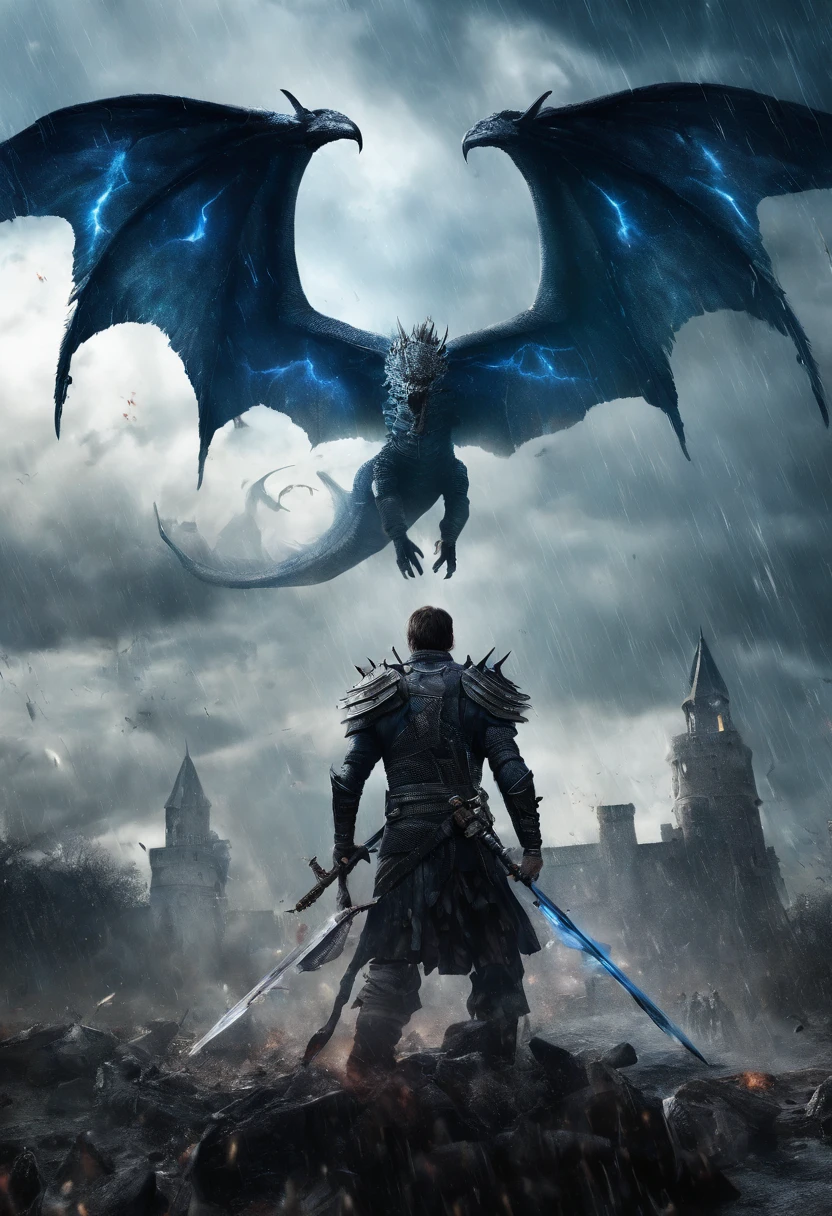 Human with large draconian wings radiating blue energy particles, longsword, bloody, war, battlefield, castle background, rain, cloudly, storm, horror