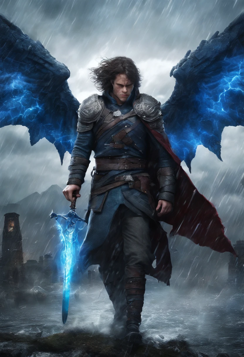 Human with large draconian wings radiating blue energy particles, longsword, bloody, war, battlefield, castle background, rain, cloudly, storm, horror