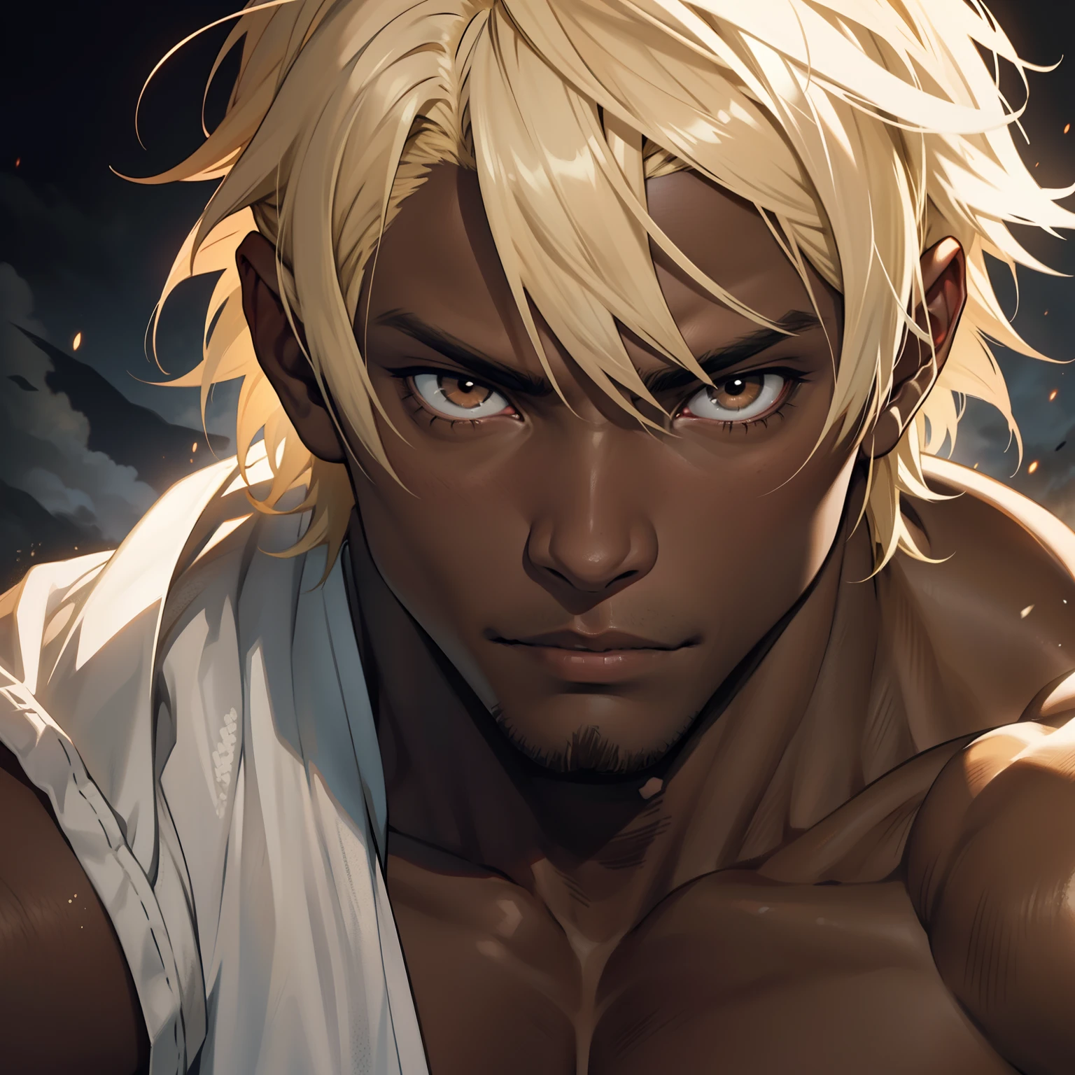 anime adult black man, bleached blonde hair, dark brown eyes, dark skin, muscular build, very physically strong, fighter, topless, close up head shot, cloudy background