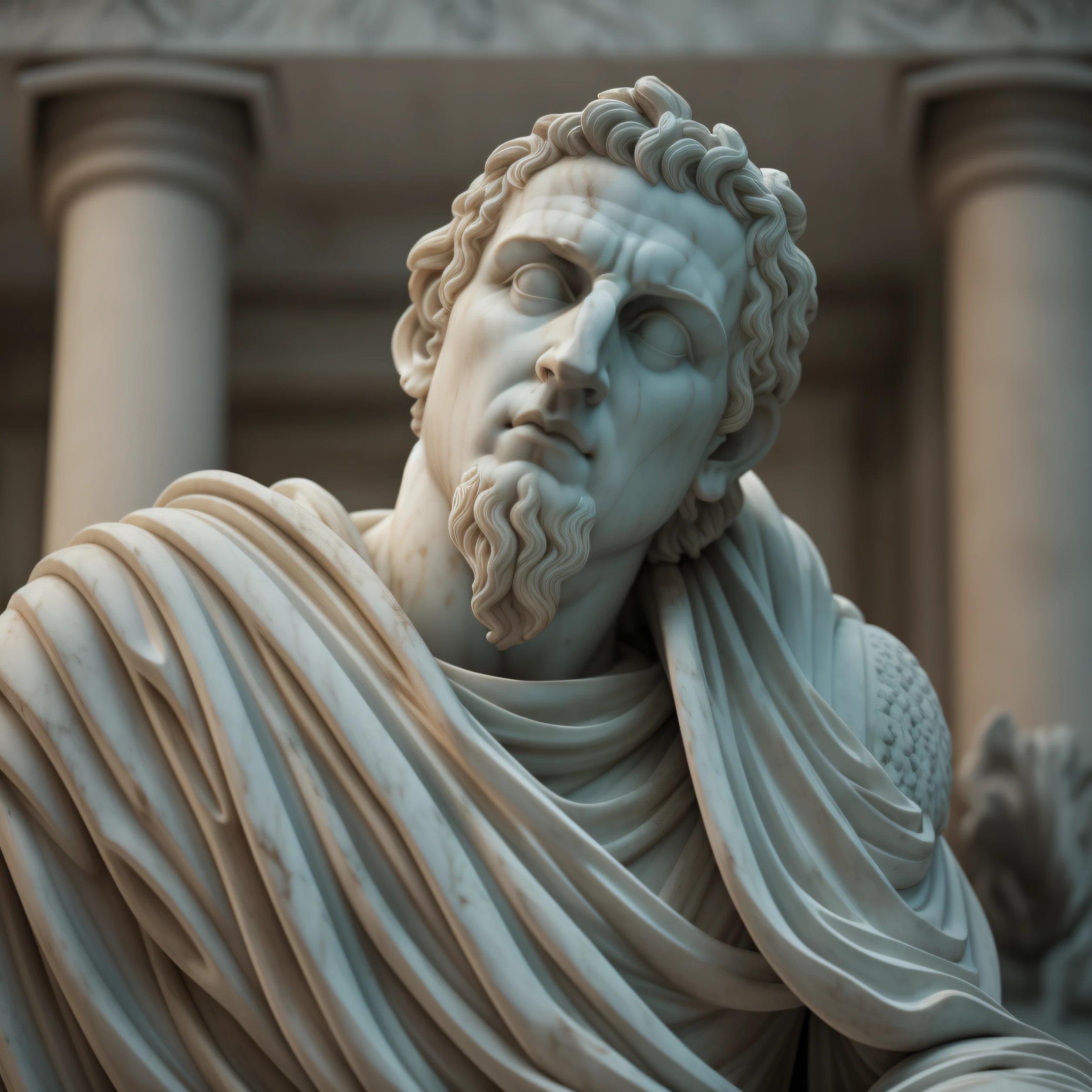 A realistic Greek white marble statue of Julius Caesar thoughtful, pensativo, detalhado, wearing a ghostly toga, fundo neutro, Moody, , fotorrealista, Jantar de cinema atencioso, super detalhada, Hiper realista, luzes brilhantes, 8 mil