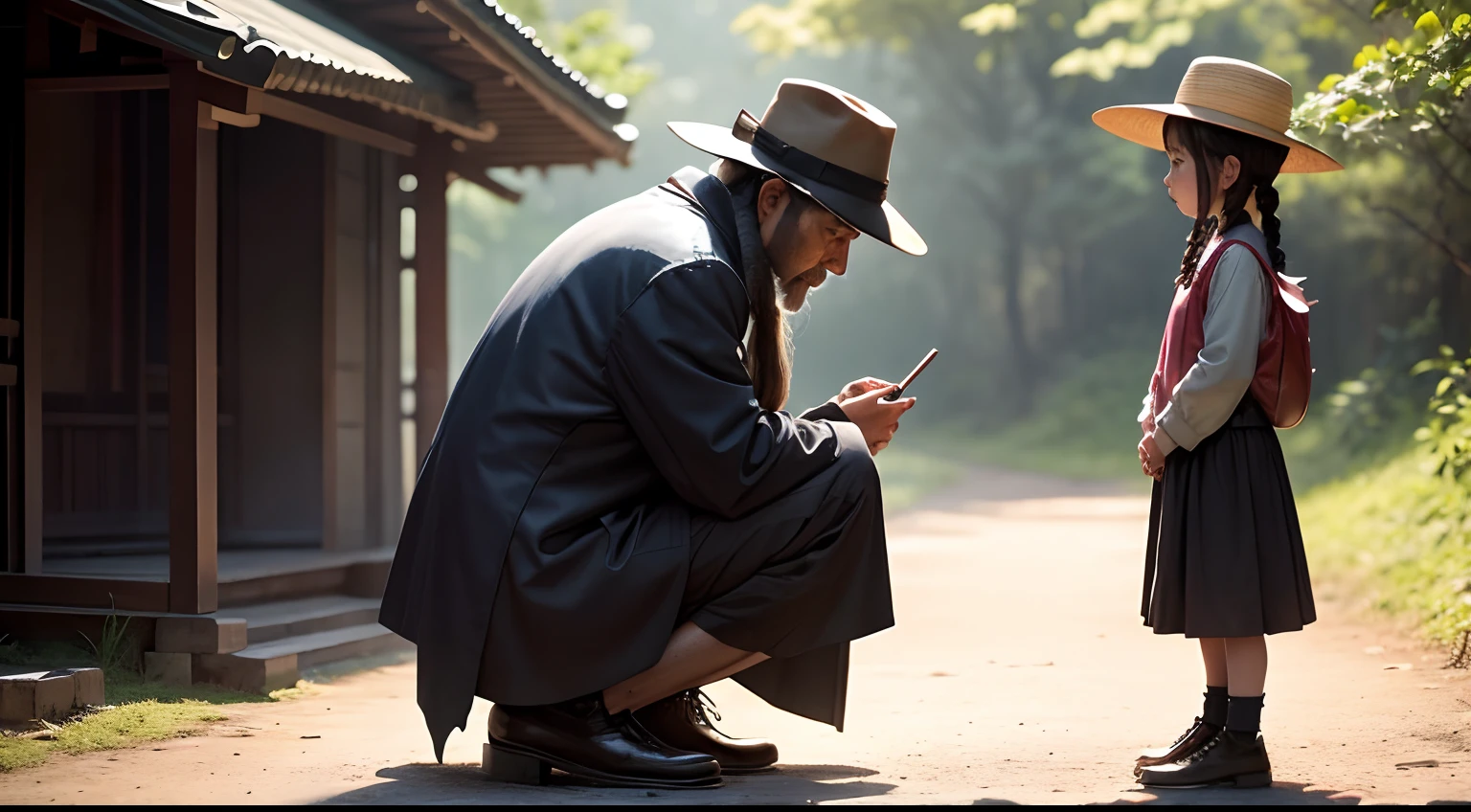 Tall mysterious middle-aged man，with hat，chineseidol，Half-crouched on the ground and looking at the  girl standing，The littleis just a rural girl，Twist braids